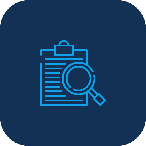 Icon of a clipboard with a magnifying glass inspecting documents.