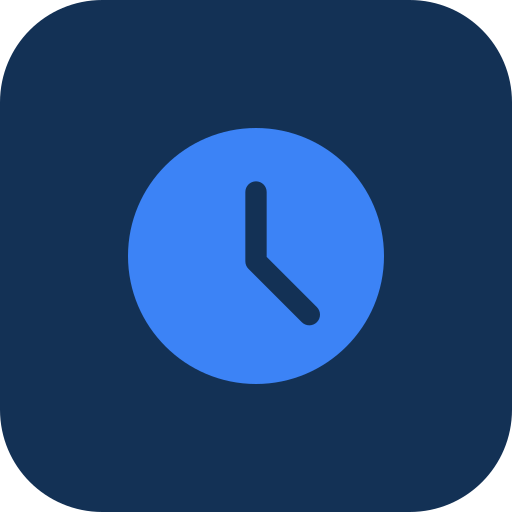 Icon of a clock showing 3:00 on a blue background.