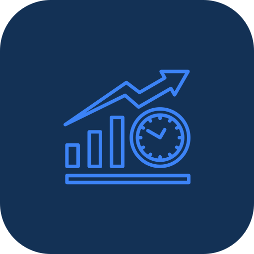 Line chart with an upward trend, a bar graph, and a clock, symbolizing growth and time management.