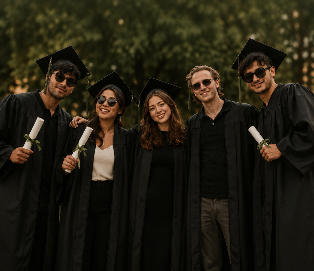 Five diverse young adults wearing black graduation gowns and caps, holding diplomas, smiling outdoors.