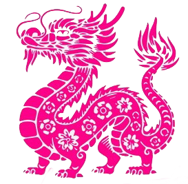 Pink mythical dragon with intricate patterns and flower designs on its body, set against a black background.