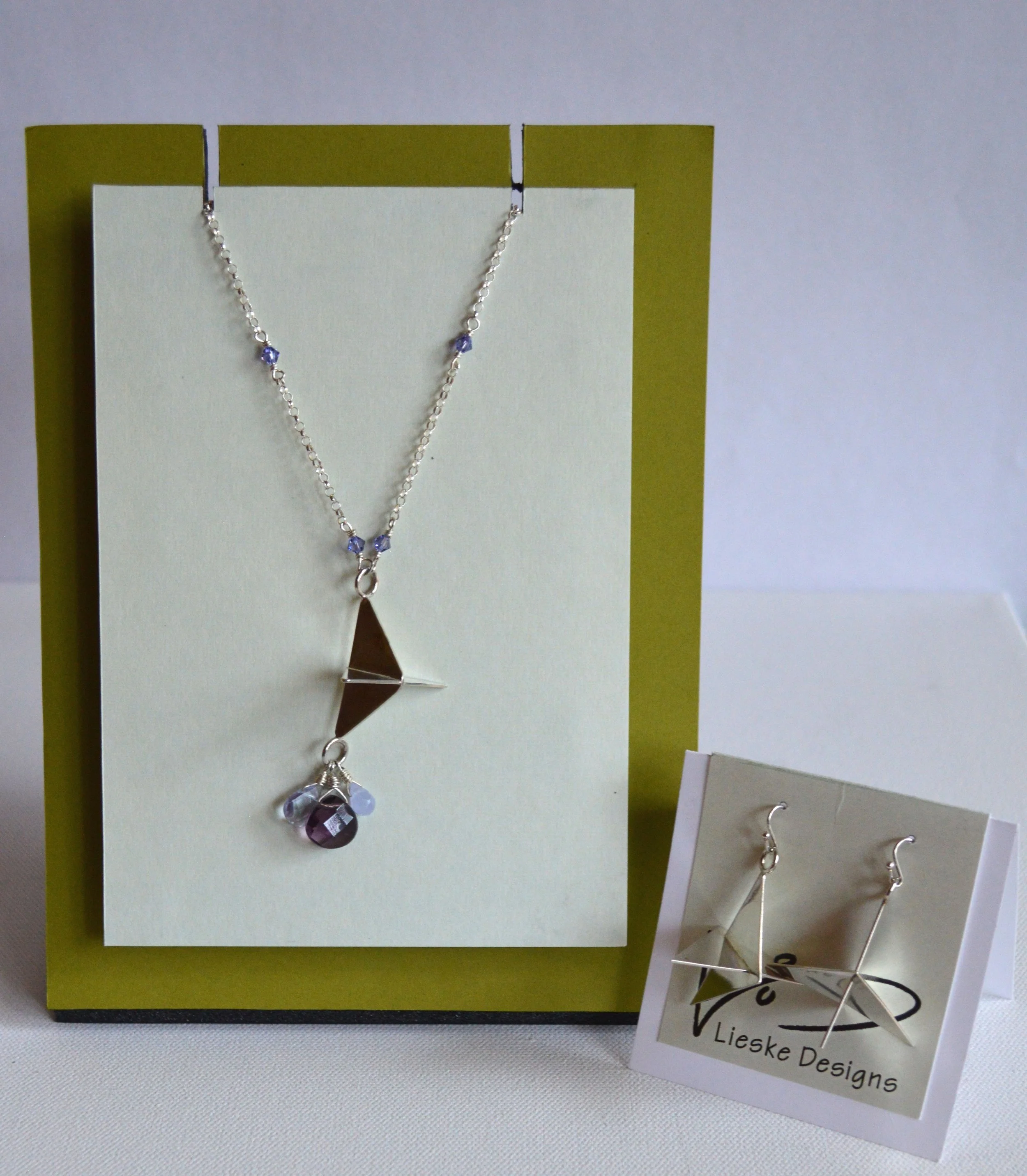 Triangle Crane Drop Pendant Necklace and Earrings