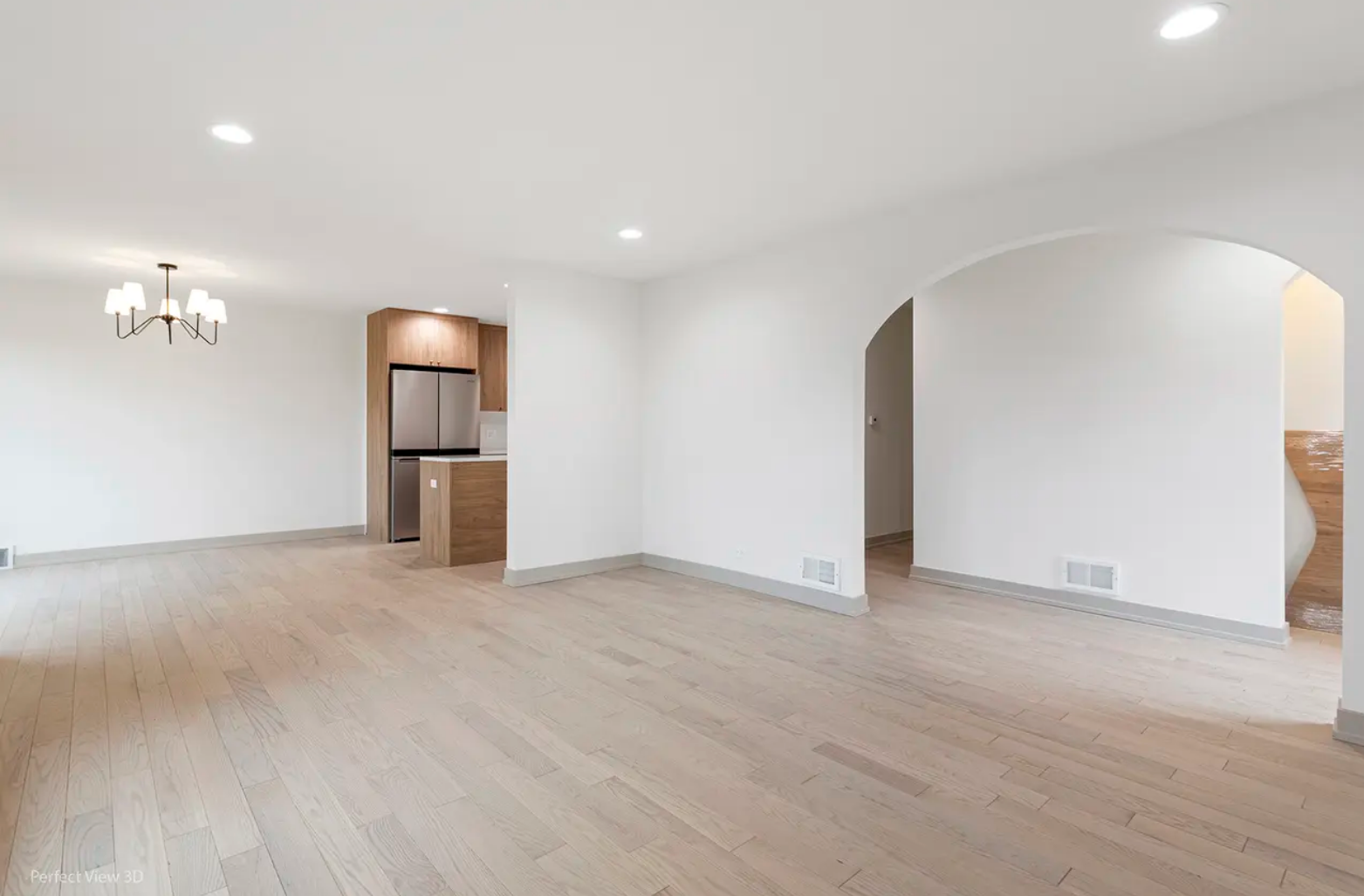 full home interior design and renovation in scandinavian minimal style with white oak floors, white oak cabinets, white quartz countertops and full quartz backsplash, appliance selection, lighting plans and schedules, arched hallway entries, front do