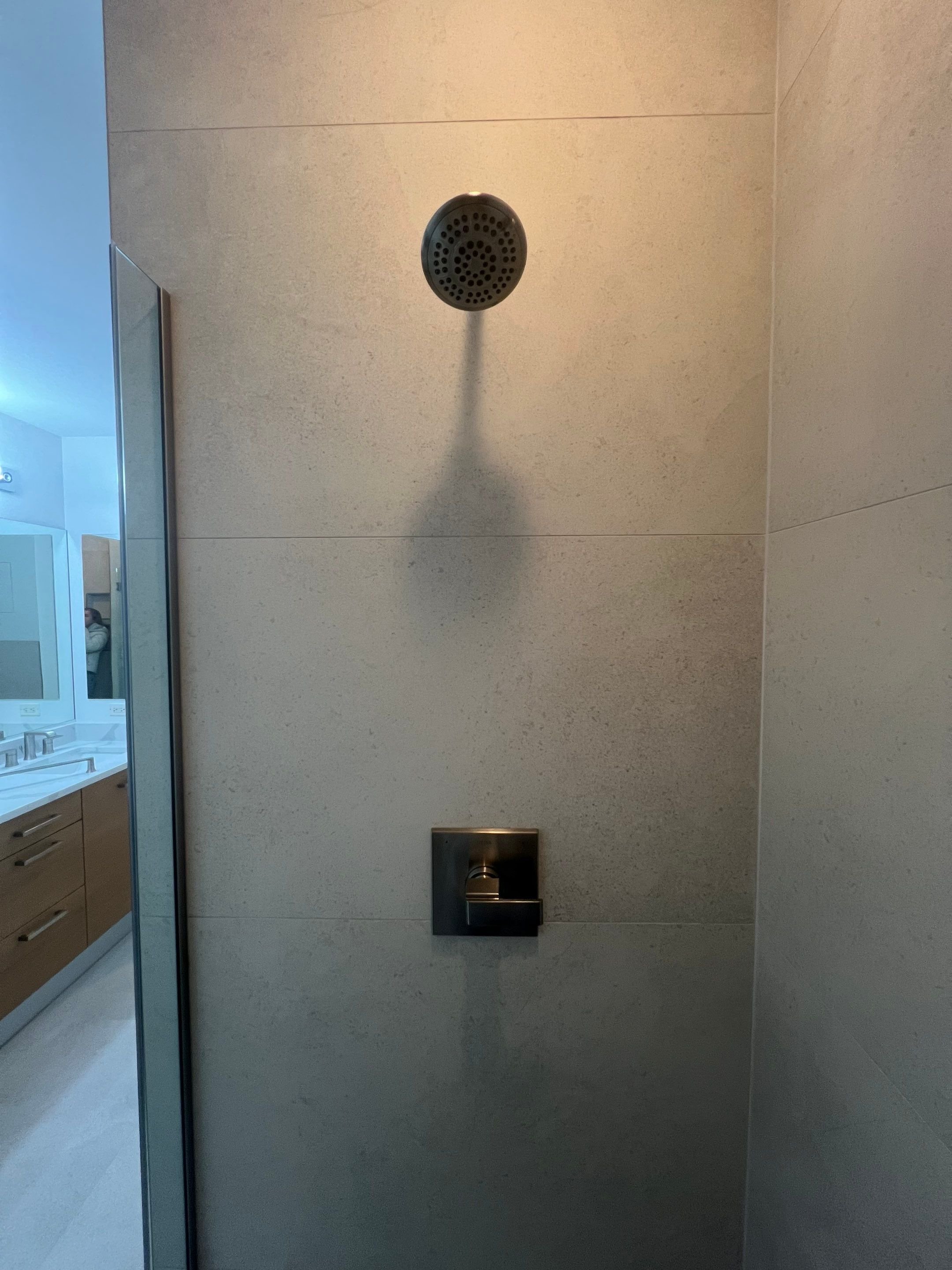 shower after renovation with stone-look porcelain time in large format with two recessed shower niches and one bench, new frameless glass door
Interior Designer - Chicago
interior design chicago
kitchen designer chicago
bathroom designer chicago
