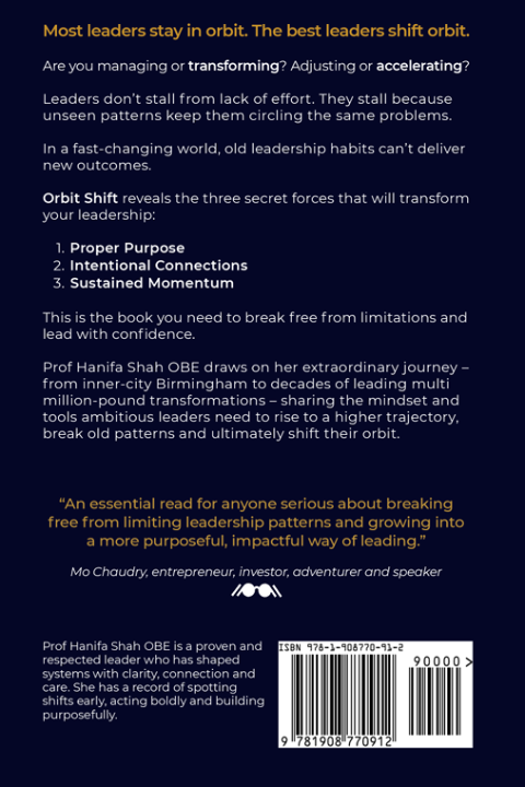 Back cover of a book titled "Orbit Shift." The text discusses leadership, shifting patterns, and transforming habits. It highlights three secret forces for leadership change: Proper Purpose, Intentional Connections, and Sustained Momentum. A quote emphasizes the importance of breaking free from limiting patterns. The author, Prof Hanifa Shah OBE, is described as experienced in leadership and transformation. The barcode and ISBN are also visible at the bottom.