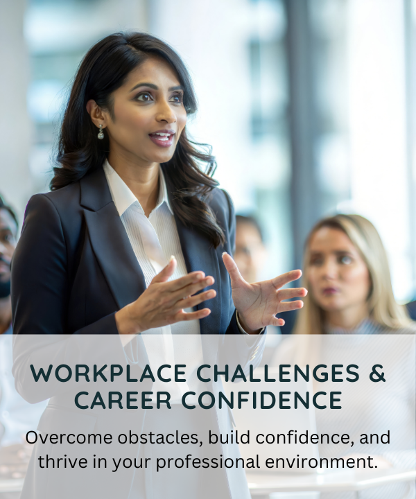 A woman in business attire speaking during a presentation or seminar, with an audience in the background. The overlay text reads "Workplace Challenges & Career Confidence" and discusses overcoming obstacles and building confidence in a professional setting.