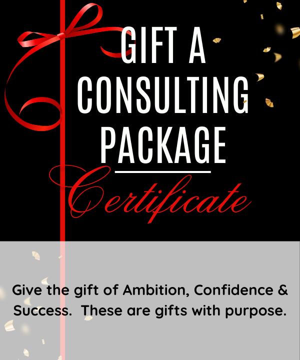 Gift certificate for consulting packages with a black background, red ribbon graphic, and white and red text. The text says 'Gift a Consulting Package' and 'Certificate,' with a message about giving the gift of ambition, confidence, and success.