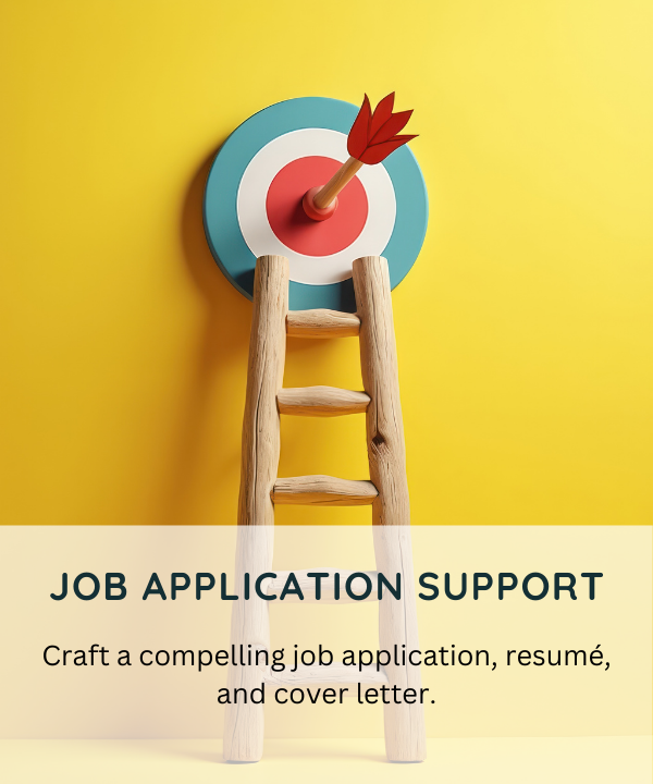 Wooden ladder in front of a target with an arrow hitting the bullseye, against a yellow background, with text about job application support.