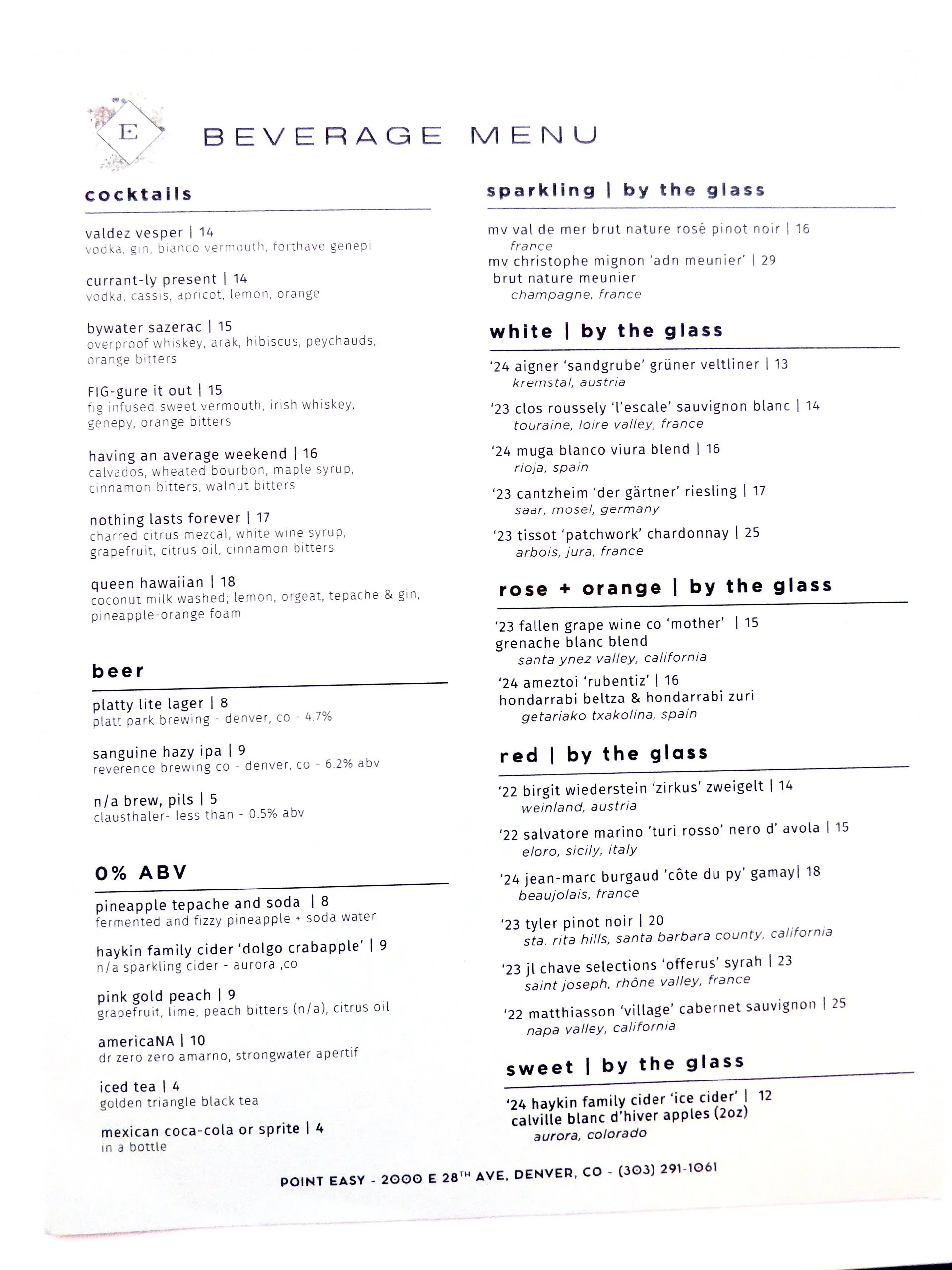 Beverage menu with categories for cocktails, beer, sparkling wine, white wine, rosé, red wine, and sweet drinks, listing various drinks and prices.