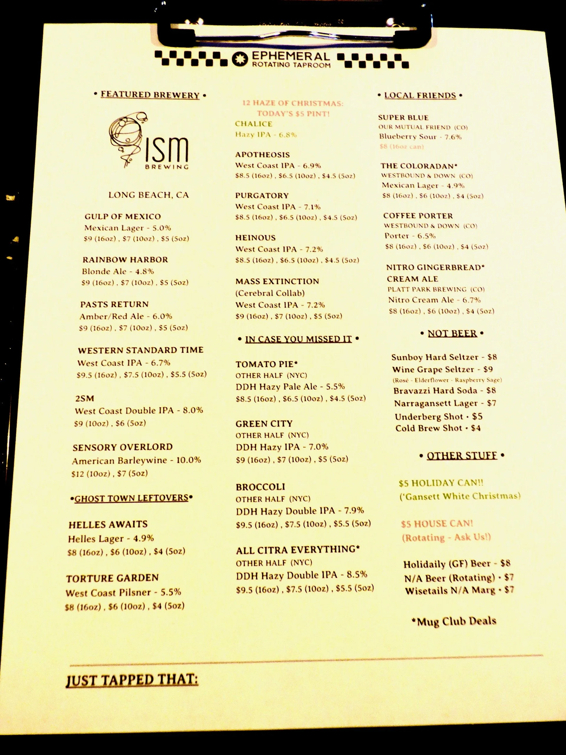 Menu from Ephemeral Rotating Taproom listing craft beers, local friends, non-beer drinks, and other items, with section titles and prices at Ephemeral Rotating Taproom, Denver, CO 80205.