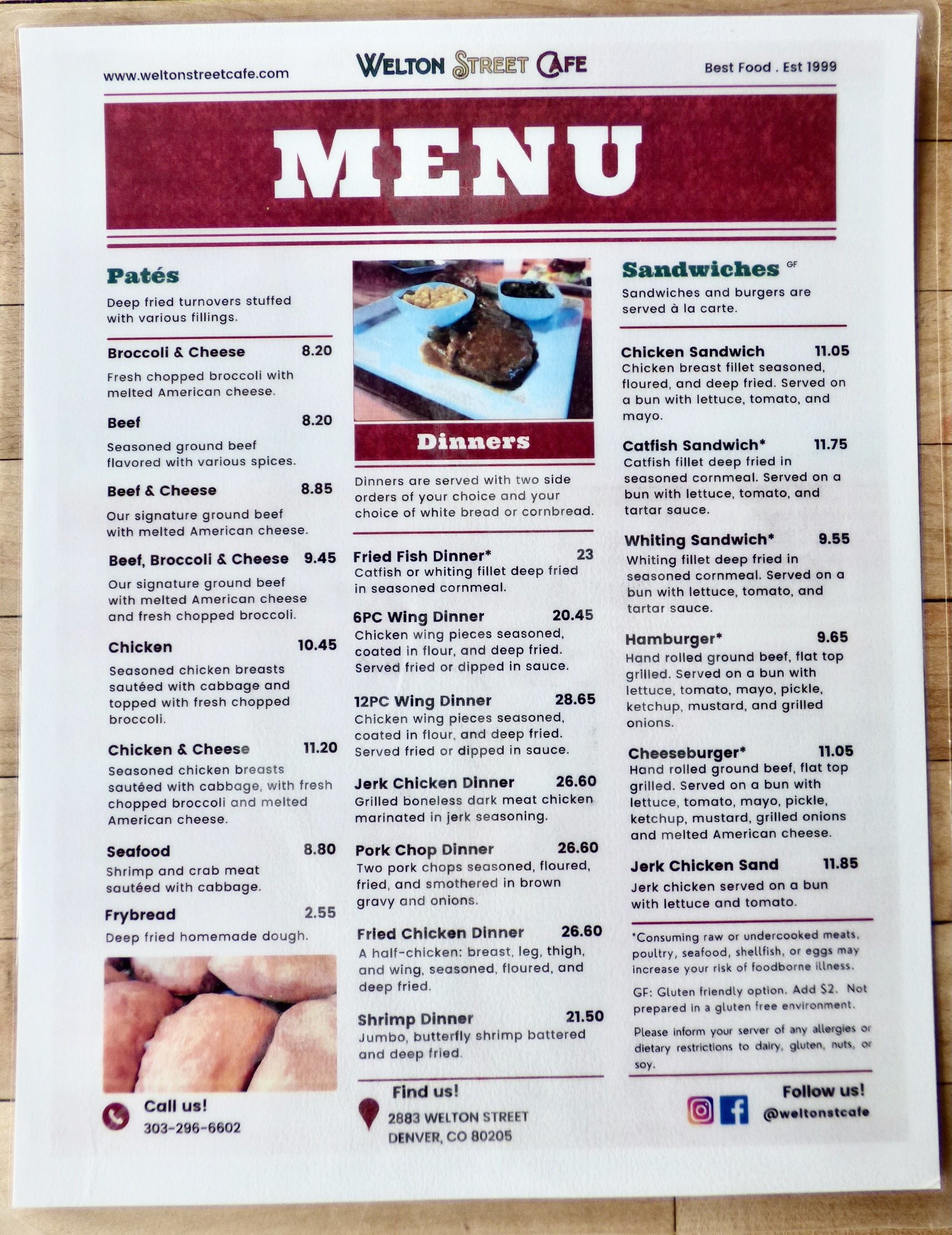 Menu from Welton Street Cafe featuring categories for Patés, Sandwiches, and Dinners, with dishes such as beef, chicken, seafood, fried chicken, and pork chop, along with prices and descriptions.
