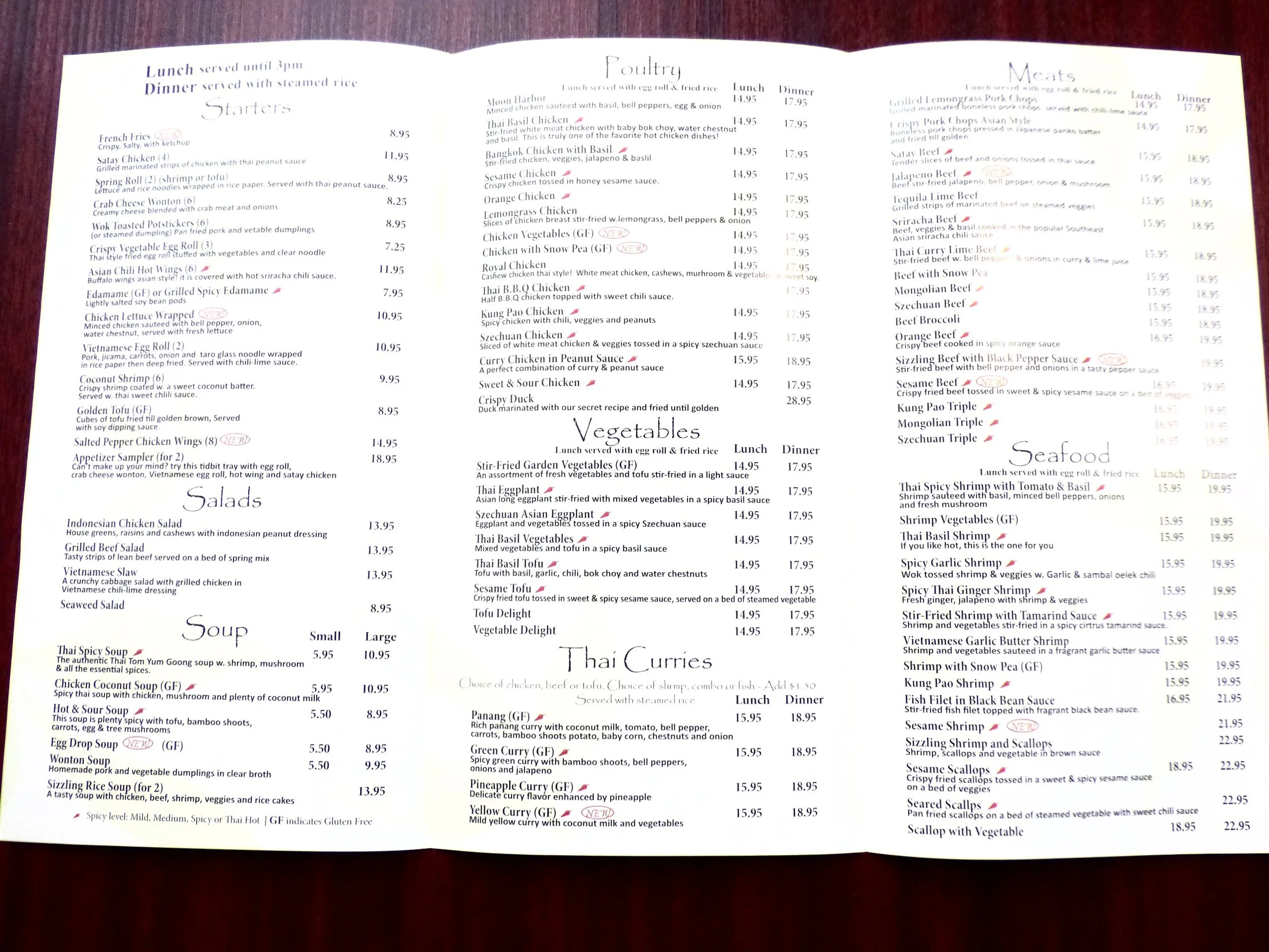 Image of a Thai restaurant menu with sections for Poultry, Meats, Vegetables, Salads, Soups, Thai Curries, and Seafood, including various dishes and prices.