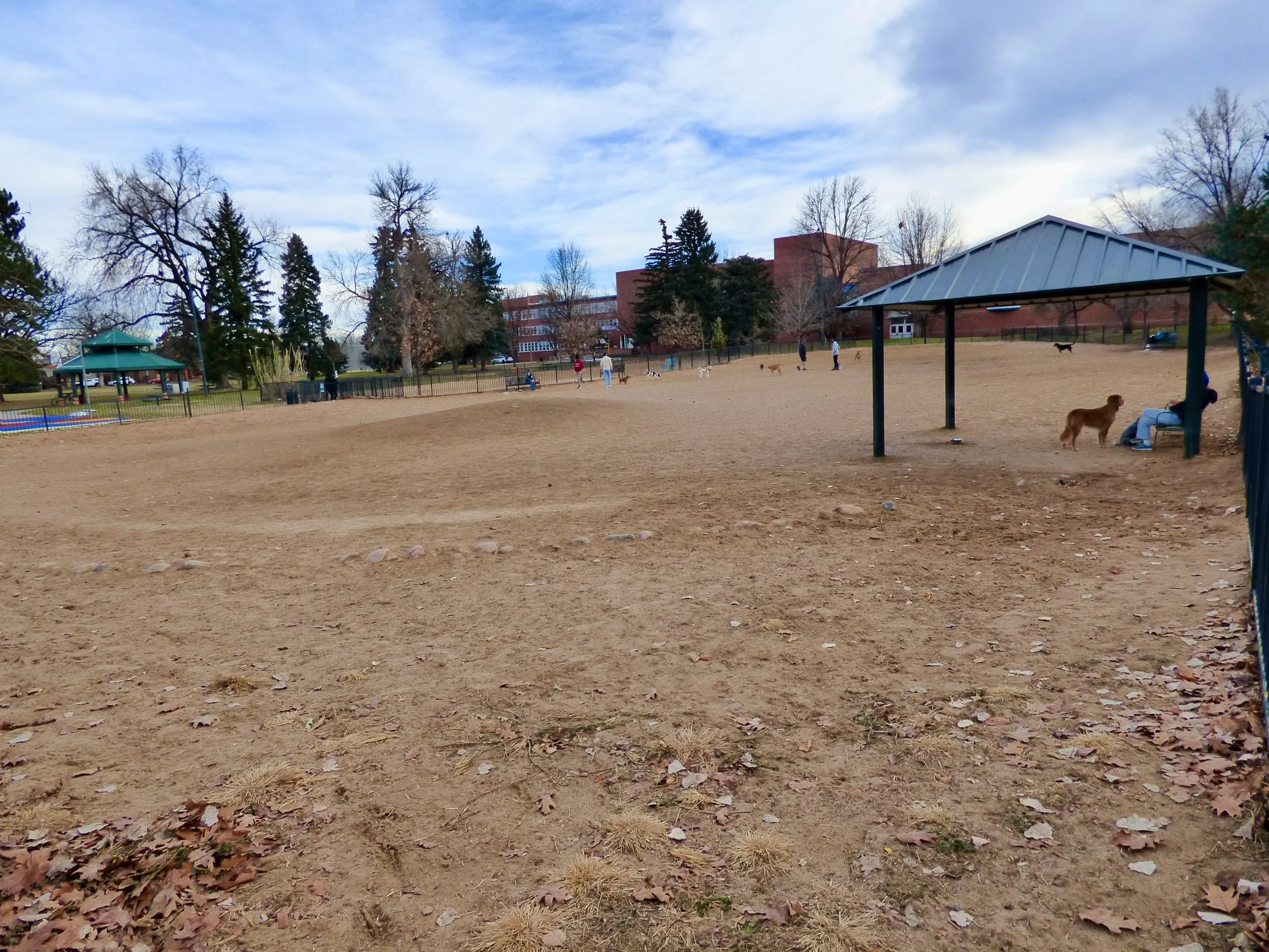 A dog park with a covered seating area, people and dogs in the distance, and leafless trees under a partly cloudy sky.