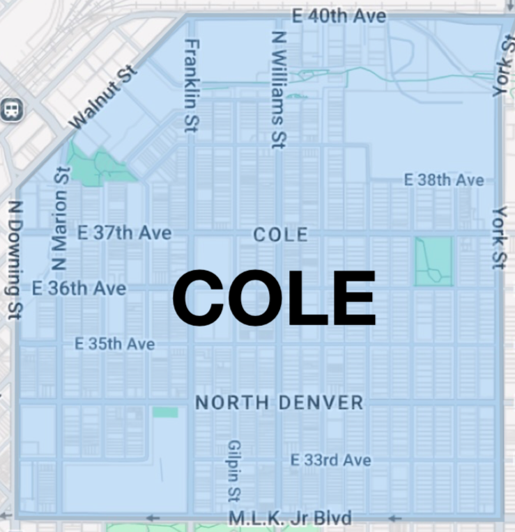 Map Boundaries of Cole Neighborhood in zip code 80205