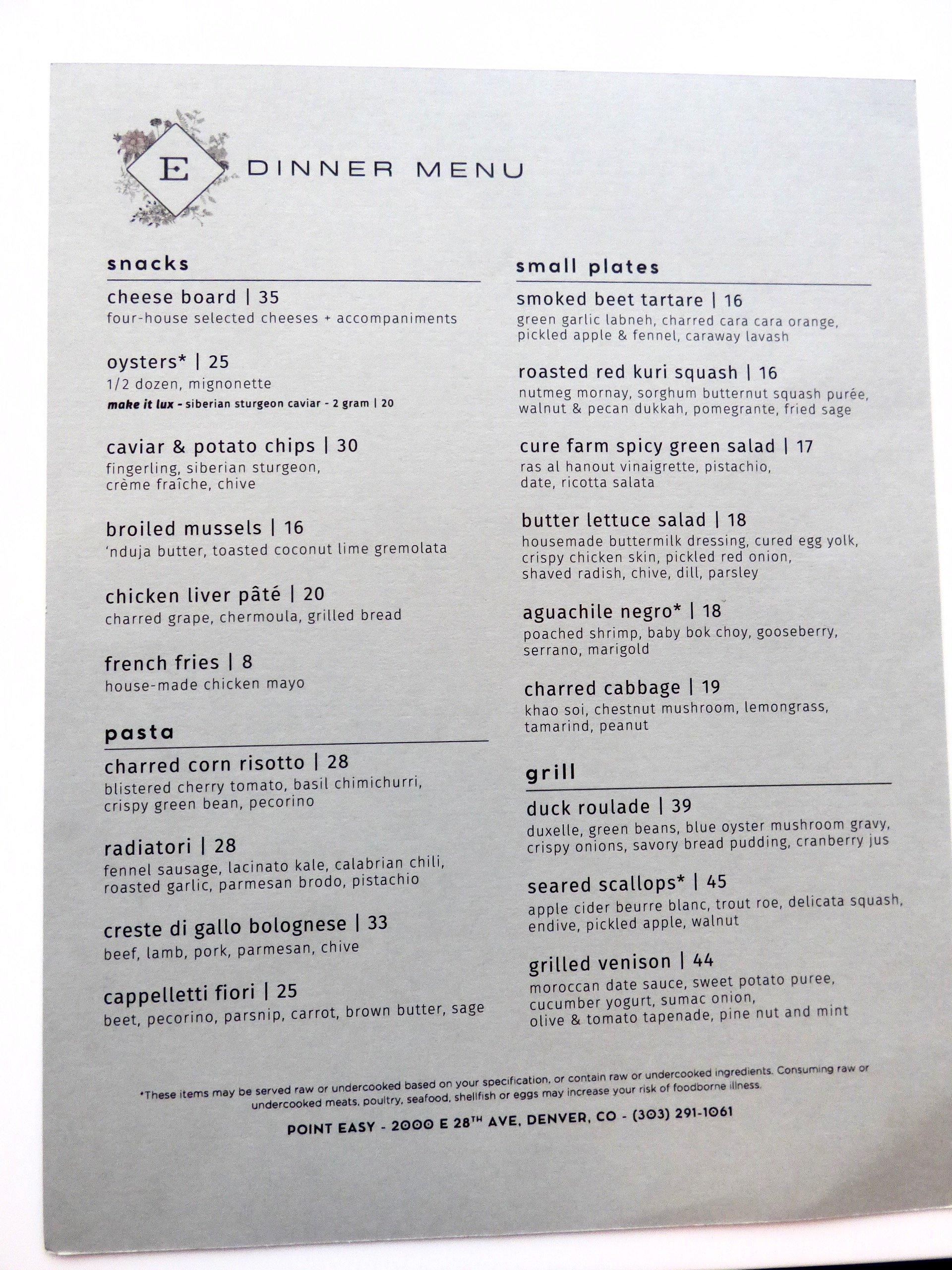 Dinner menu from Point Easy restaurant, featuring sections for snacks, small plates, pasta, and grill with various dishes and prices listed at Point Easy, Denver, CO 80205.