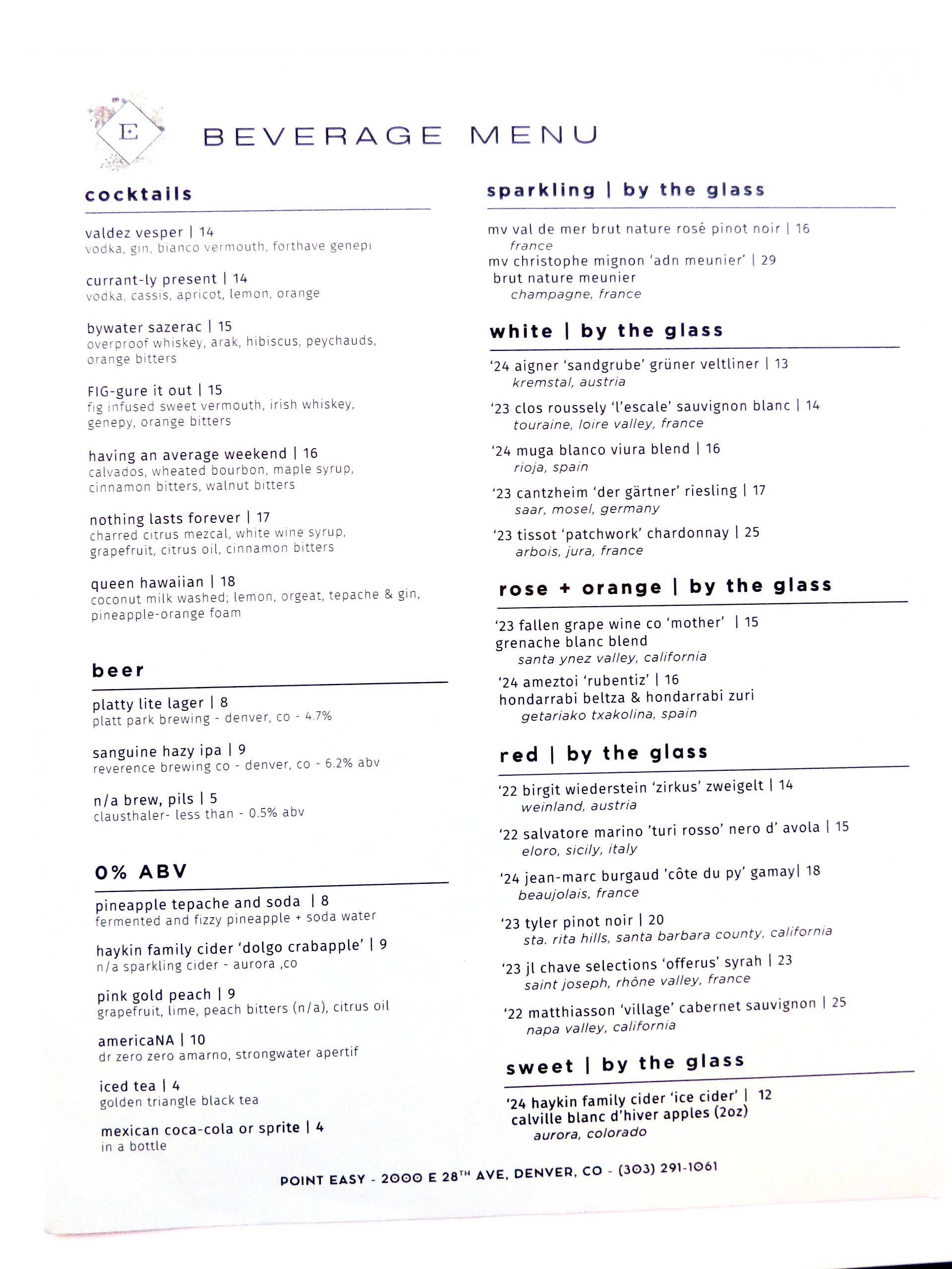Beverage menu with sections for cocktails, beer, sparkling wine by the glass, white wine by the glass, rose and orange wine by the glass, red wine by the glass, and sweet wine by the glass, listing various drinks at Point Easy, Denver, CO 80205.