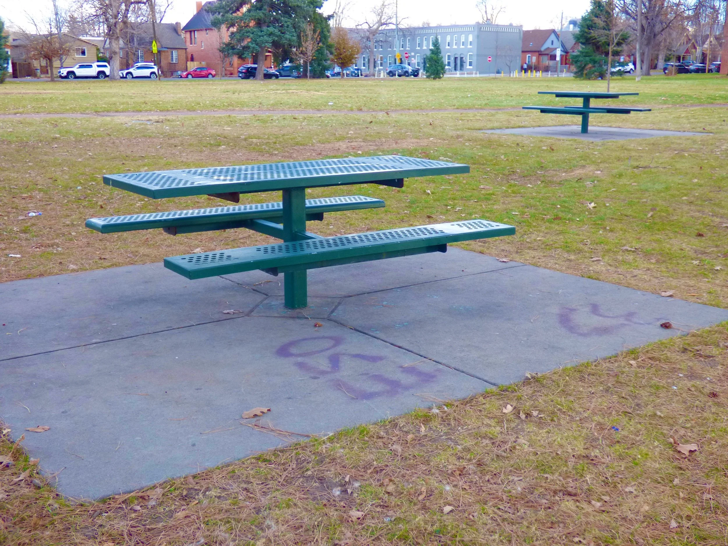 Empty outdoor park with two green metal picnic tables on concrete pads, surrounded by grass and some autumn leaves, with residential houses and cars in the background at Fuller Park, Denver, CO 80205.