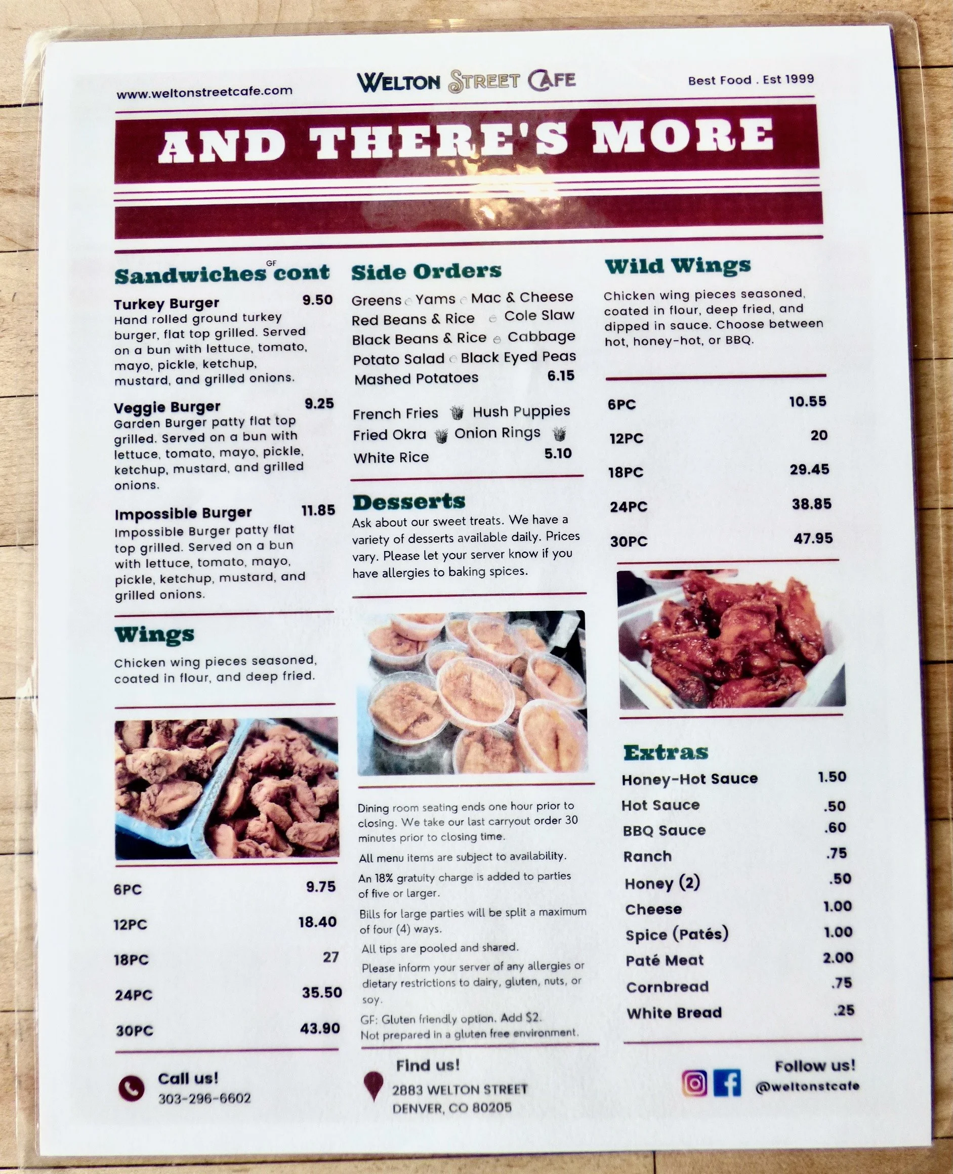 Menu from Welton Street Cafe featuring sandwiches, side orders, wings, desserts, and extras, including turkey burger, veggie burger, impossible burger, chicken wings, fried okra, onion rings, French fries, hush puppies, white rice, various sauces, and chicken wing portions.