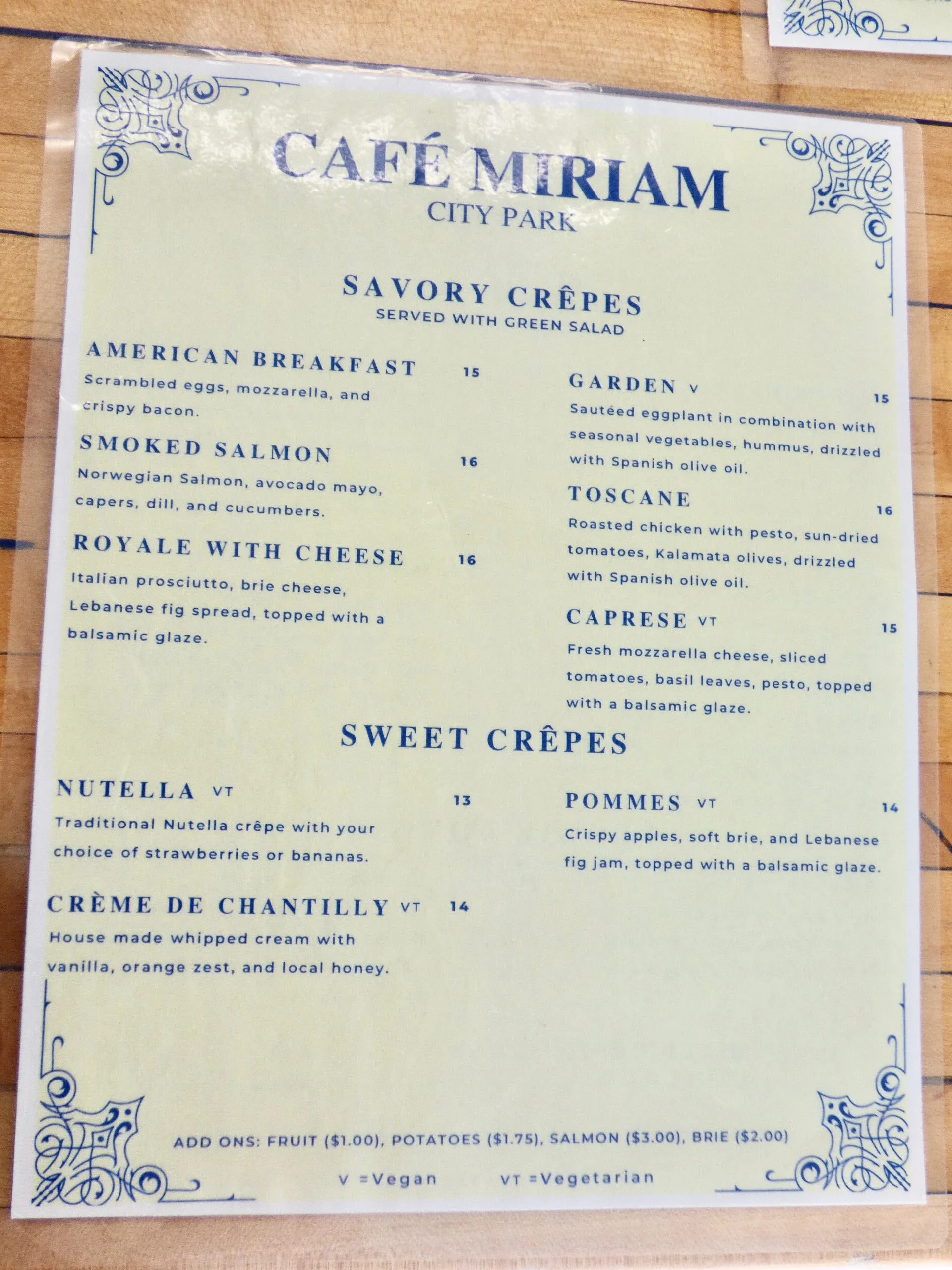 Menu from Cafe Miriam listing savory crepes and sweet crepes with descriptions of each dish.