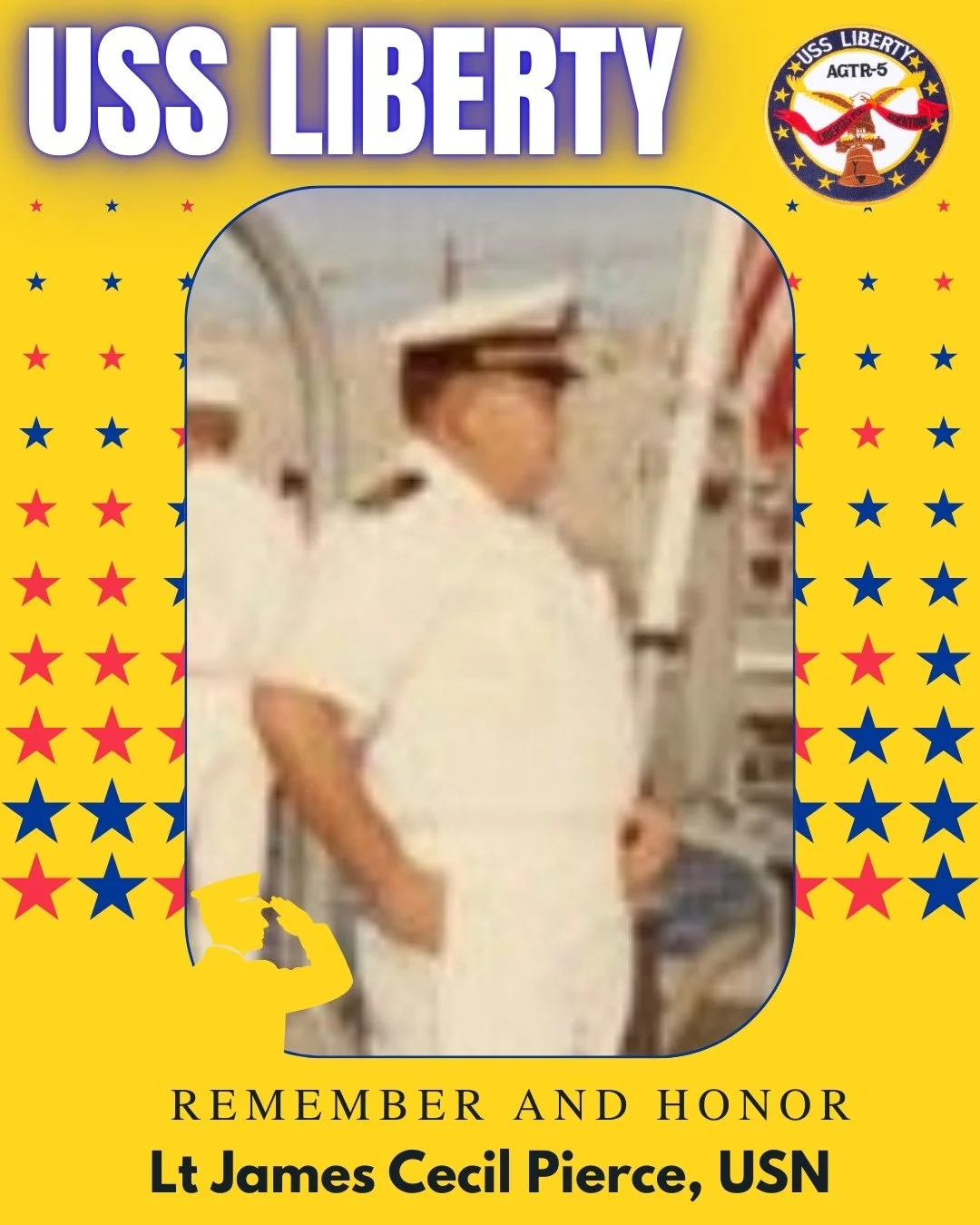Memorial card honoring Lt. James Cecil Pierce, USN, with a photo of him in uniform and a patriotic themed border.