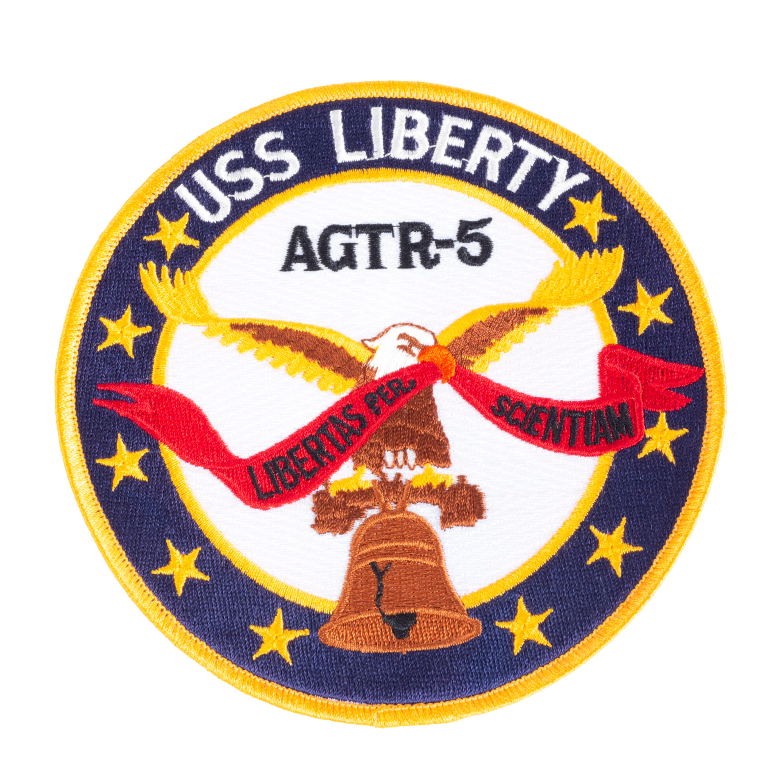 U.S. Navy patch with an eagle, the Liberty Bell, a ribbon that says 'Libertas Perse,' and a dark blue circle border with yellow stars, indicating USS Liberty.