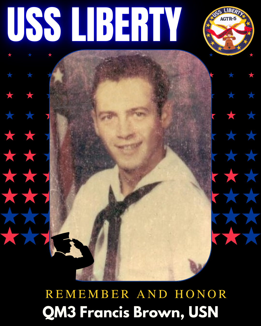 Memorial poster honoring QM3 Francis Brown of the US Navy, featuring a portrait of him in a sailor's uniform with text and patriotic design elements.