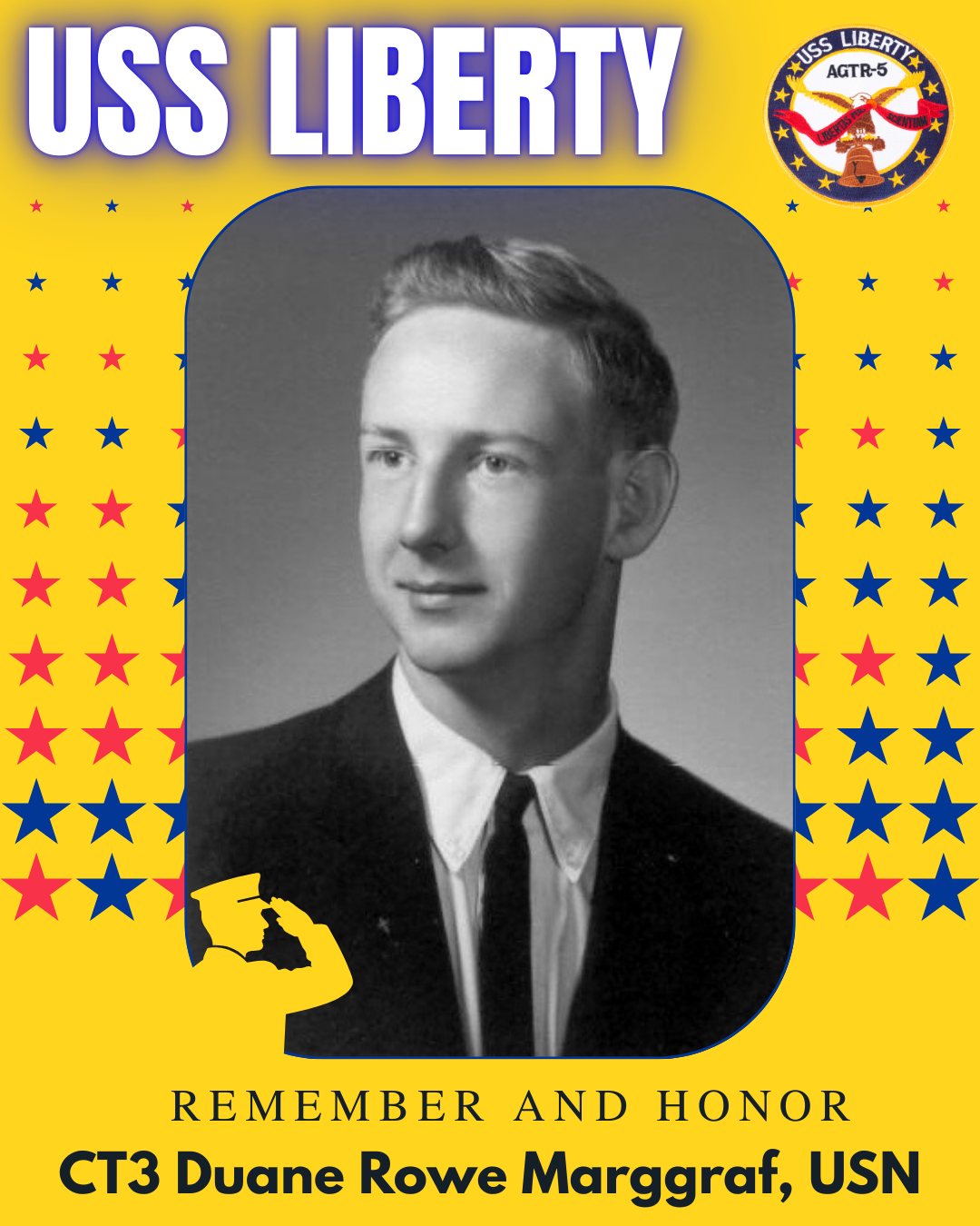 Black and white portrait of CT3 Duane Rowe Margraf, USN, on a colorful background with stars, a naval emblem, and the text 'Remember and Honor'.