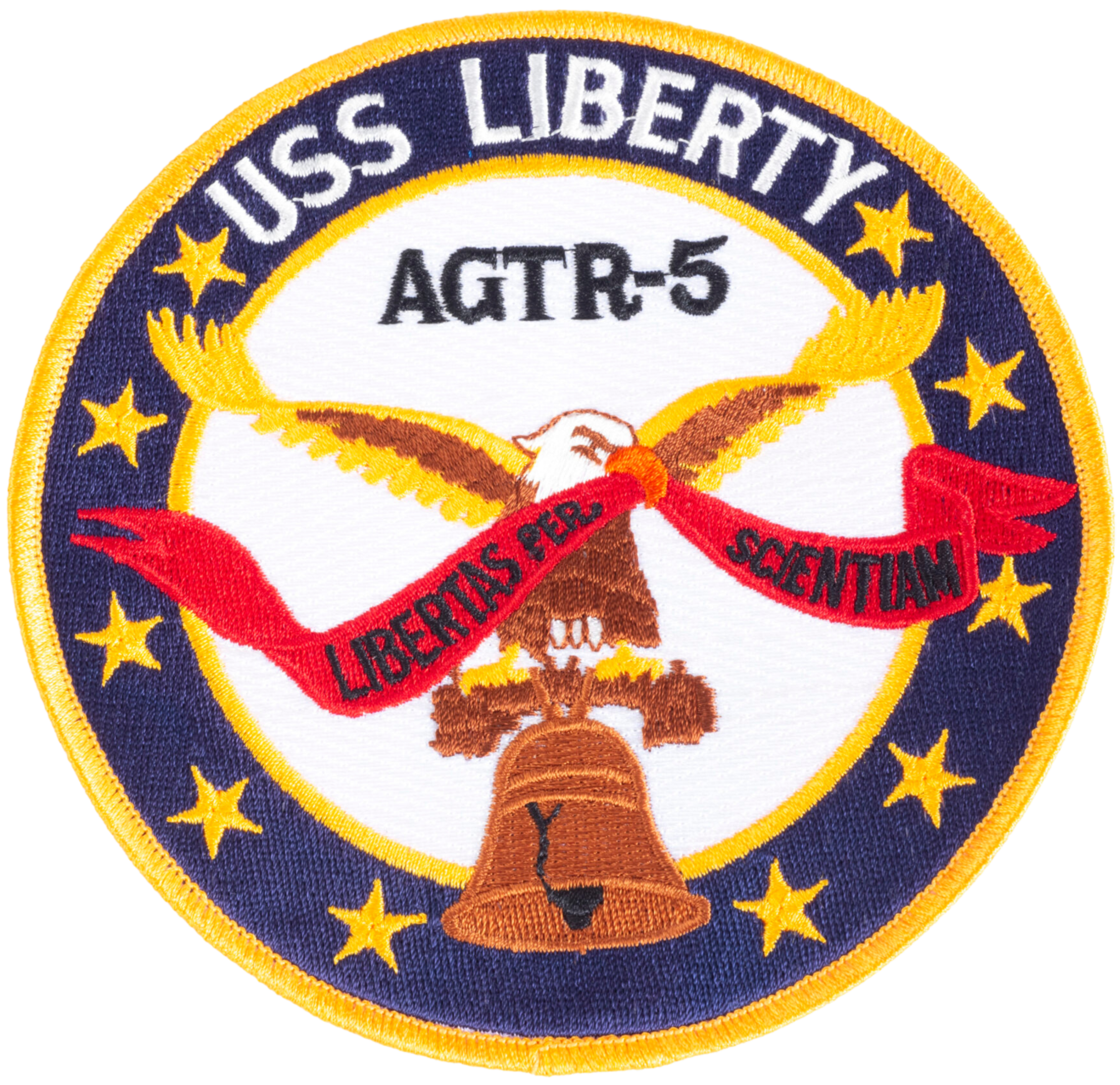 Patched emblem of the U.S. Army Special Forces, featuring an eagle, a red banner with the words 'Libertas Per Scientiam,' a gold bell, surrounded by a circle of gold stars, and labeled 'AGTR-5' in the center.