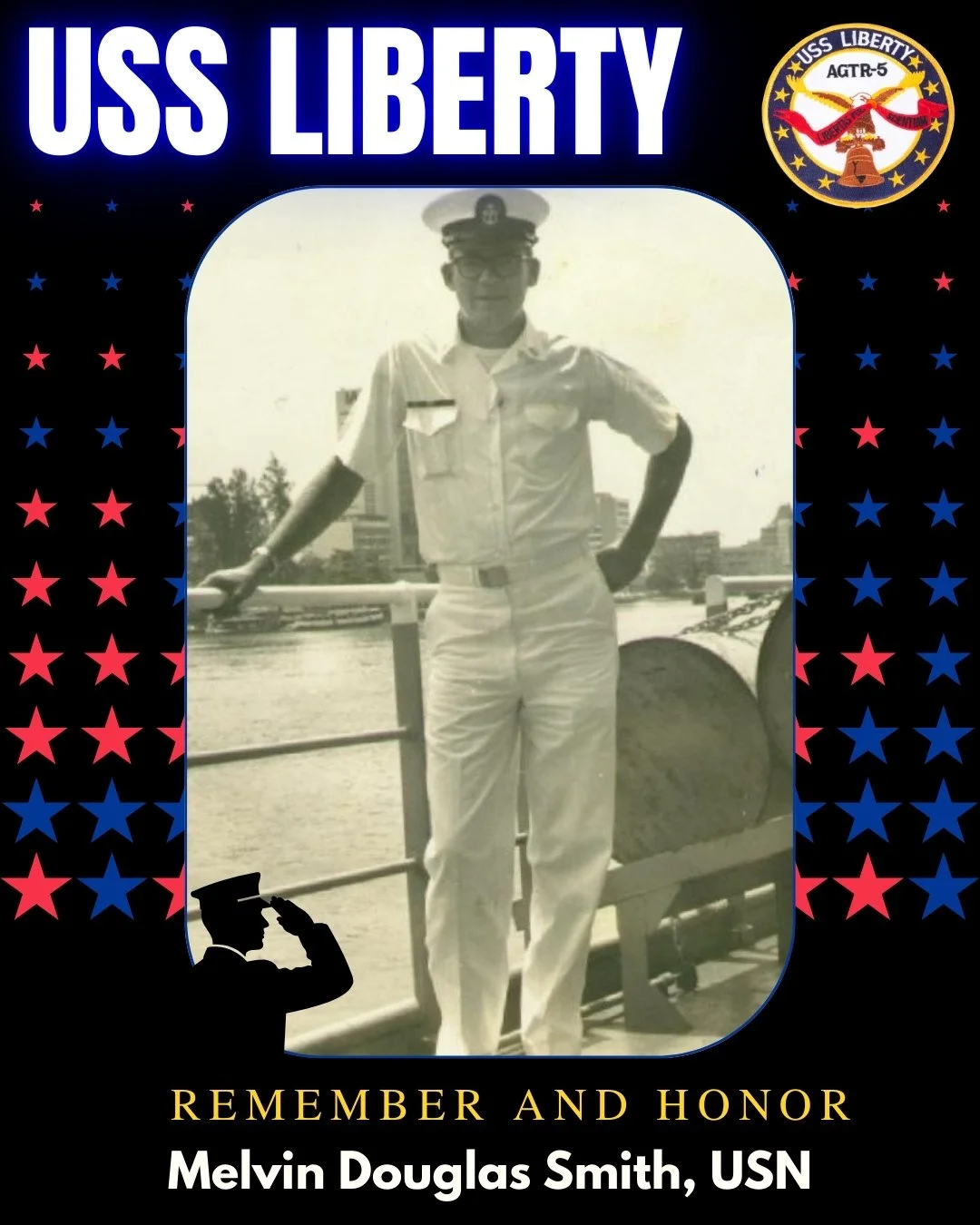 Black-and-white photo of Melvin Douglas Smith, US Navy, in uniform, standing on a boat with water and city buildings in the background, part of a memorial honoring him.