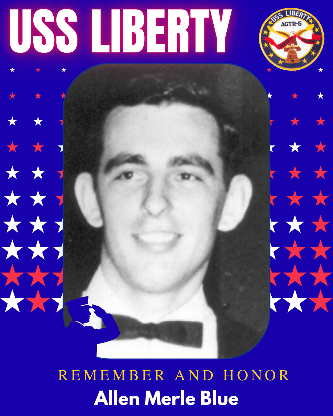 A commemorative poster featuring a black and white photograph of Allen Merle Blue, a young man in formal attire, on a patriotic red, white, and blue background with stars and a Navy emblem, honoring his memory.