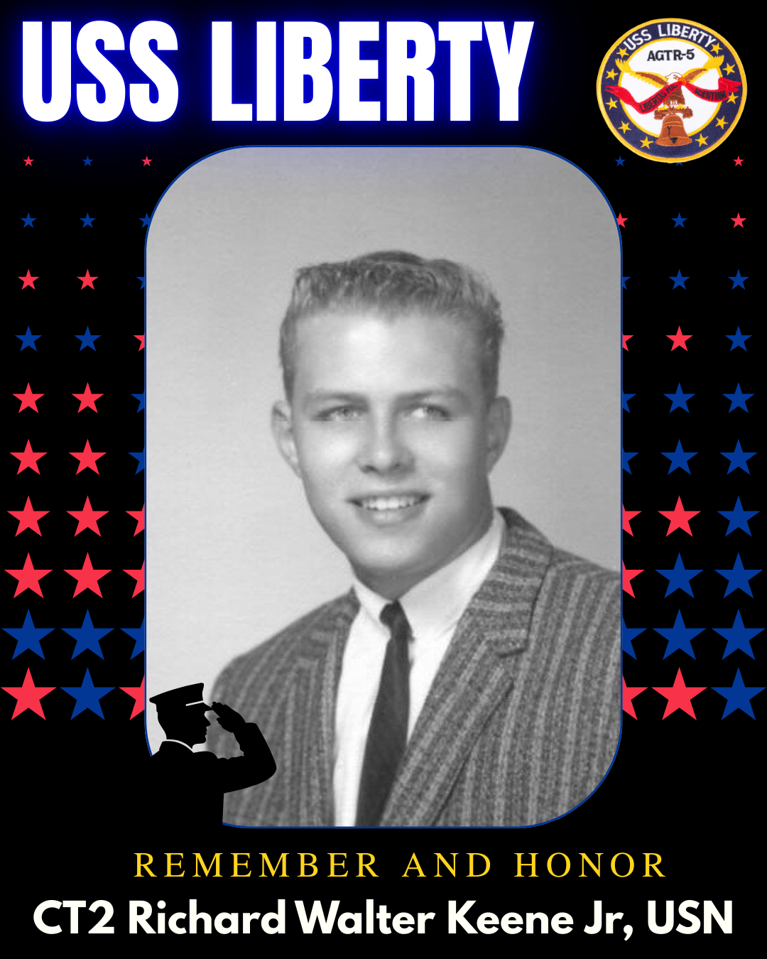 Memorial poster featuring a black-and-white portrait of CT2 Richard Walter Keene Jr., USN, surrounded by patriotic red, white, and blue stars and symbols, with text honoring his memory.