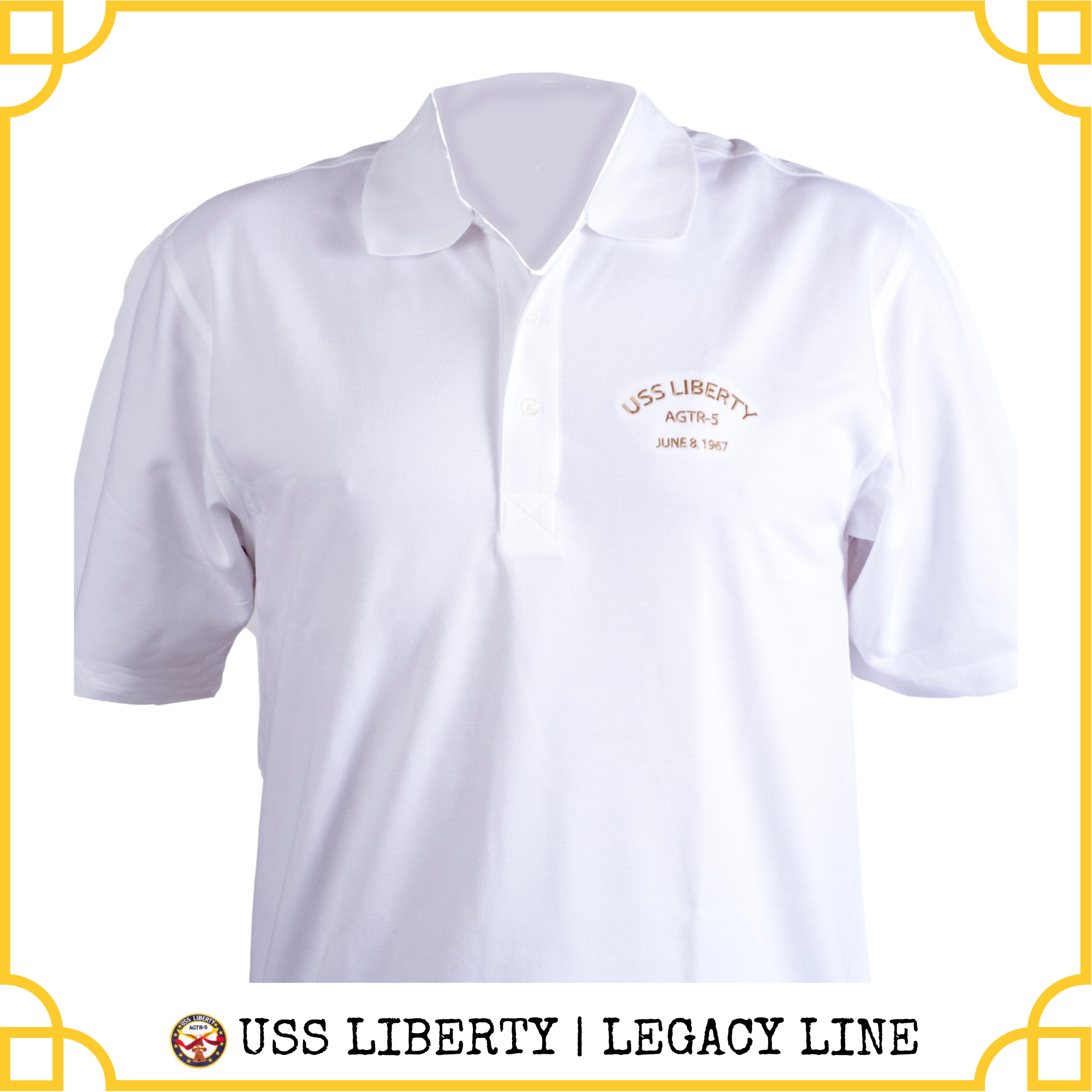 USS Liberty Legacy | Golf Shirt (white w/tan embroidery)