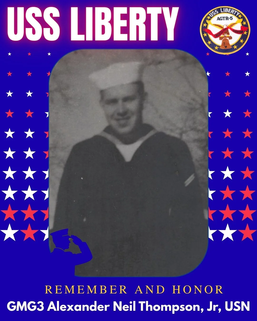 A young man in a sailor uniform with a sailor hat, smiling in a black and white photo. The photo is part of a patriotic design with red, white, and blue stars and a U.S. Navy emblem in the top right corner. The bottom text reads, "Remember and Honor GMG3 Alexander Neil Thompson, Jr, USN."