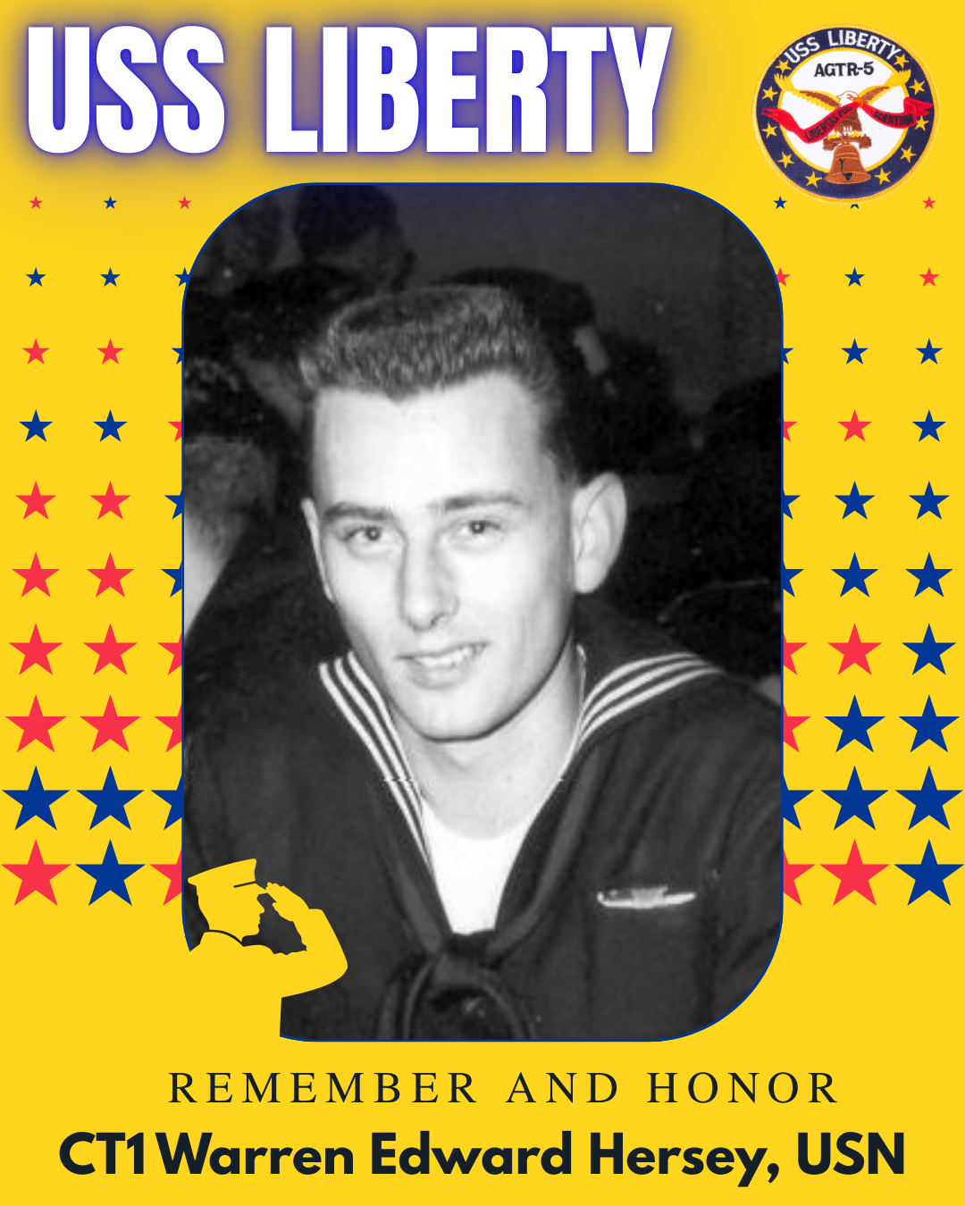 A memorial card featuring a black and white photo of a young man in a naval uniform, with patriotic colors and text honoring Warren Edward Hersey, a US Navy CT1, for remembrance and tribute.