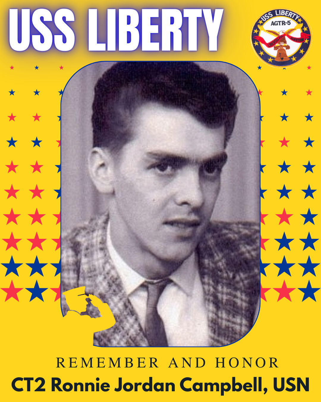 Poster honoring CT2 Ronnie Jordan Campbell, USN, featuring a black and white photo of a young man with dark hair, wearing a checkered jacket and tie, set against a yellow background with red and blue stars, a U.S. Navy emblem in the top right corner, and text that reads 'REMEMBER AND HONOR' and 'USS LIBERTY'.