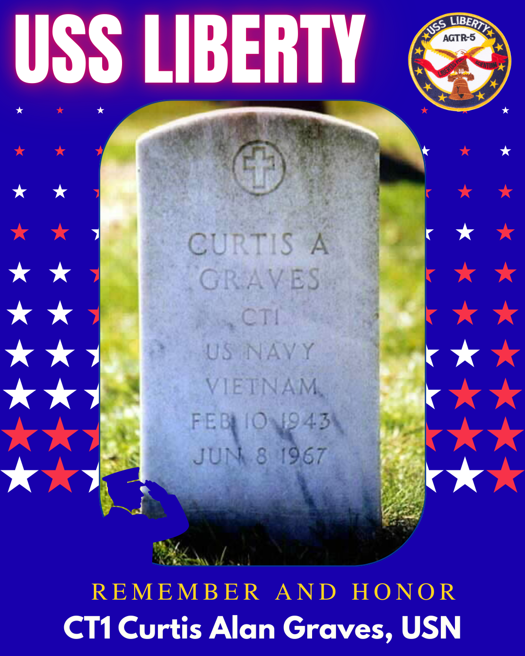 Gravestone with the name Curtis A. Graves, US Navy, Vietnam, date of birth February 10, 1943, date of death June 8, 1967, set in a grassy area.