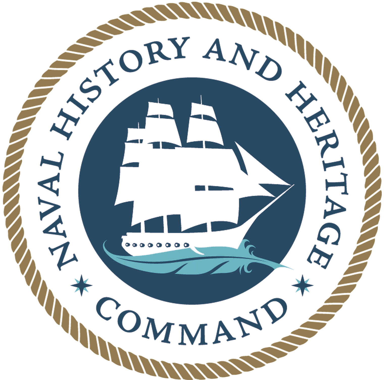 Seal of the U.S. Naval History and Heritage Command featuring a white sailing ship on blue waves, with an outer rope border and text around the circle reading 'Naval History and Heritage Command'.