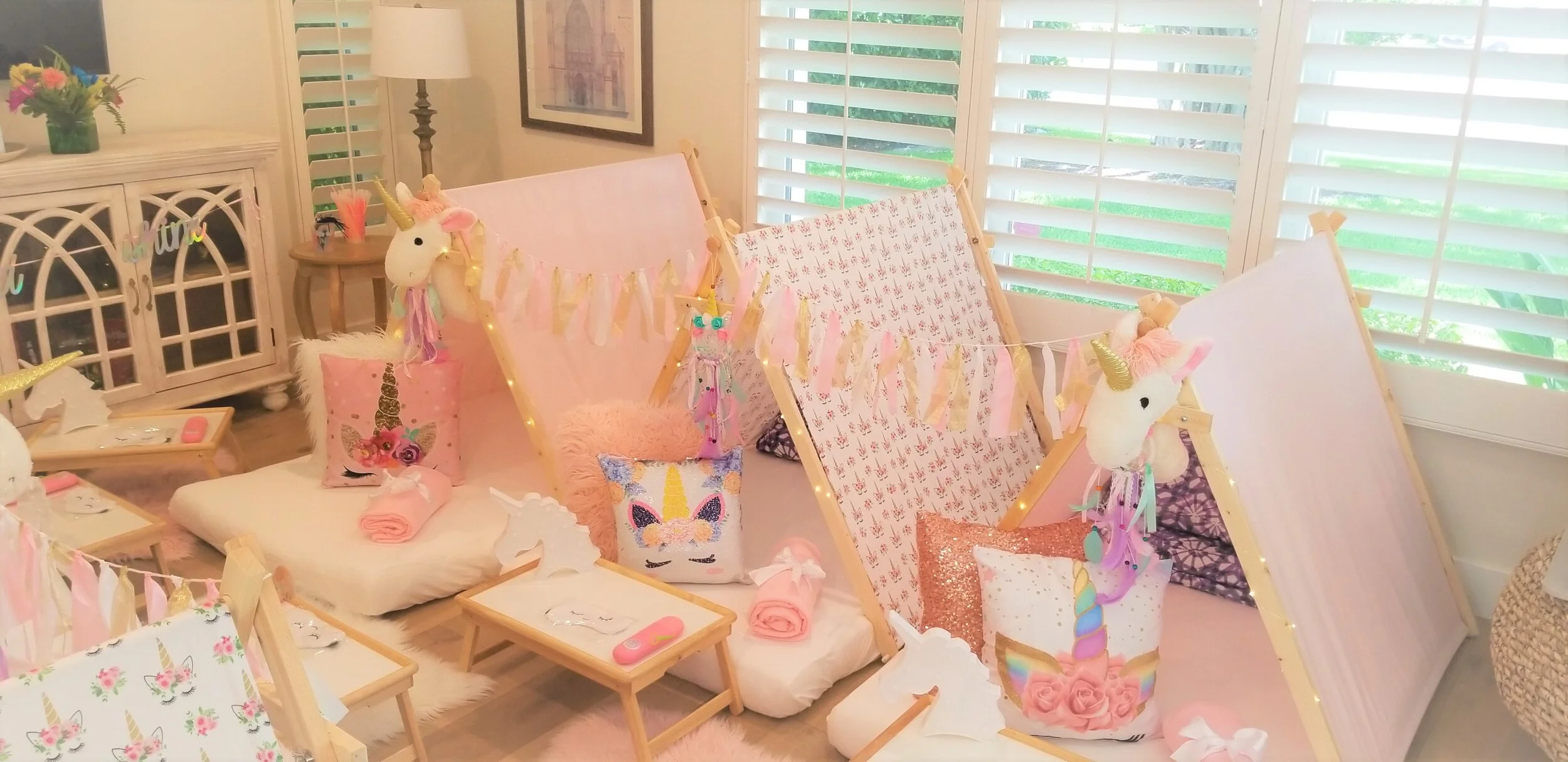 Luxury unicorn teepee sleepover party setup by KidsDreamFactory NYC