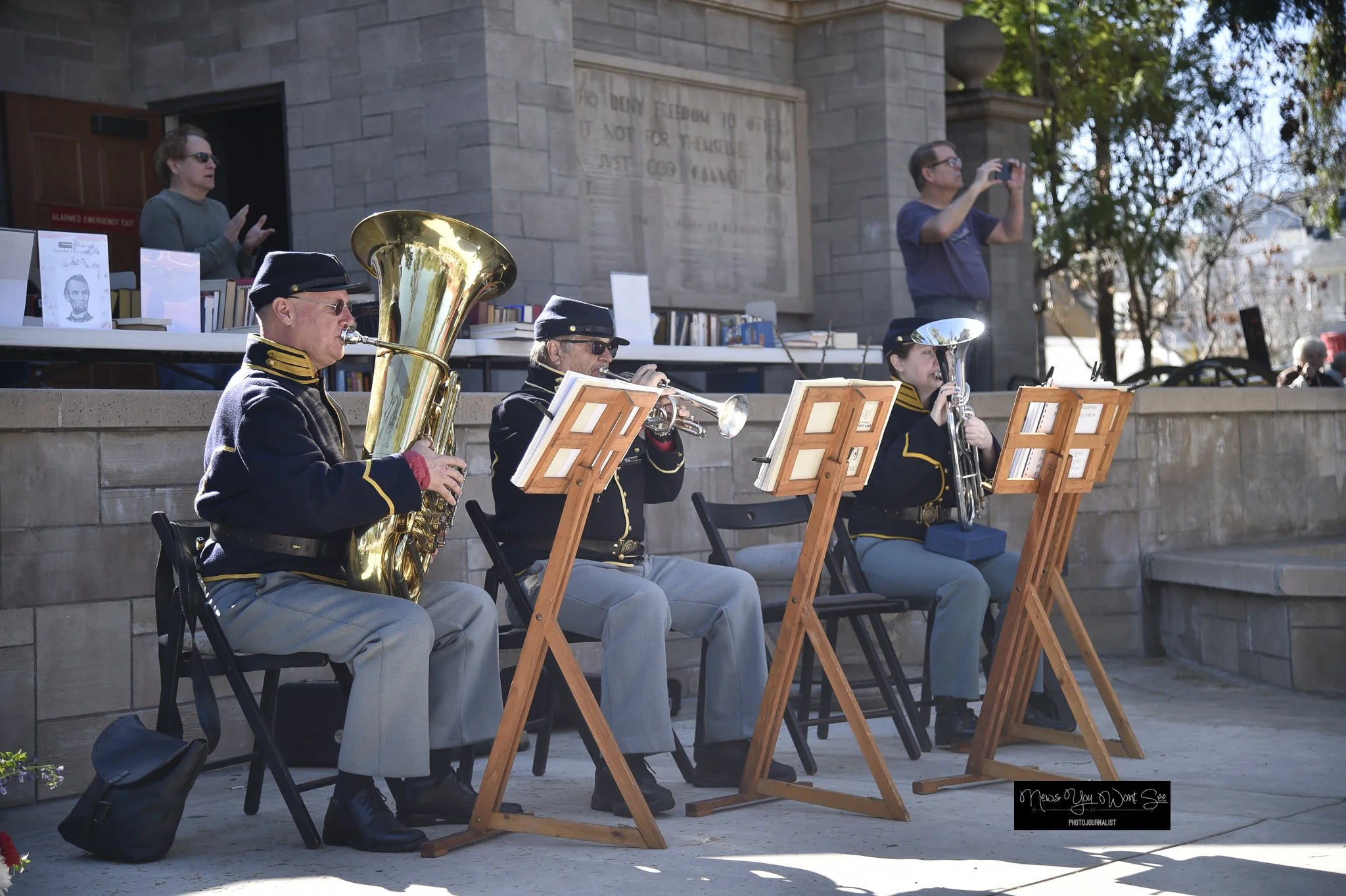  Members of the Camp Charls Band play music during the Lincoln Pigramage at the Lincoln Shrine on February 6th, 2026. (Photo by Brian Spears, Redlands Collective News) 