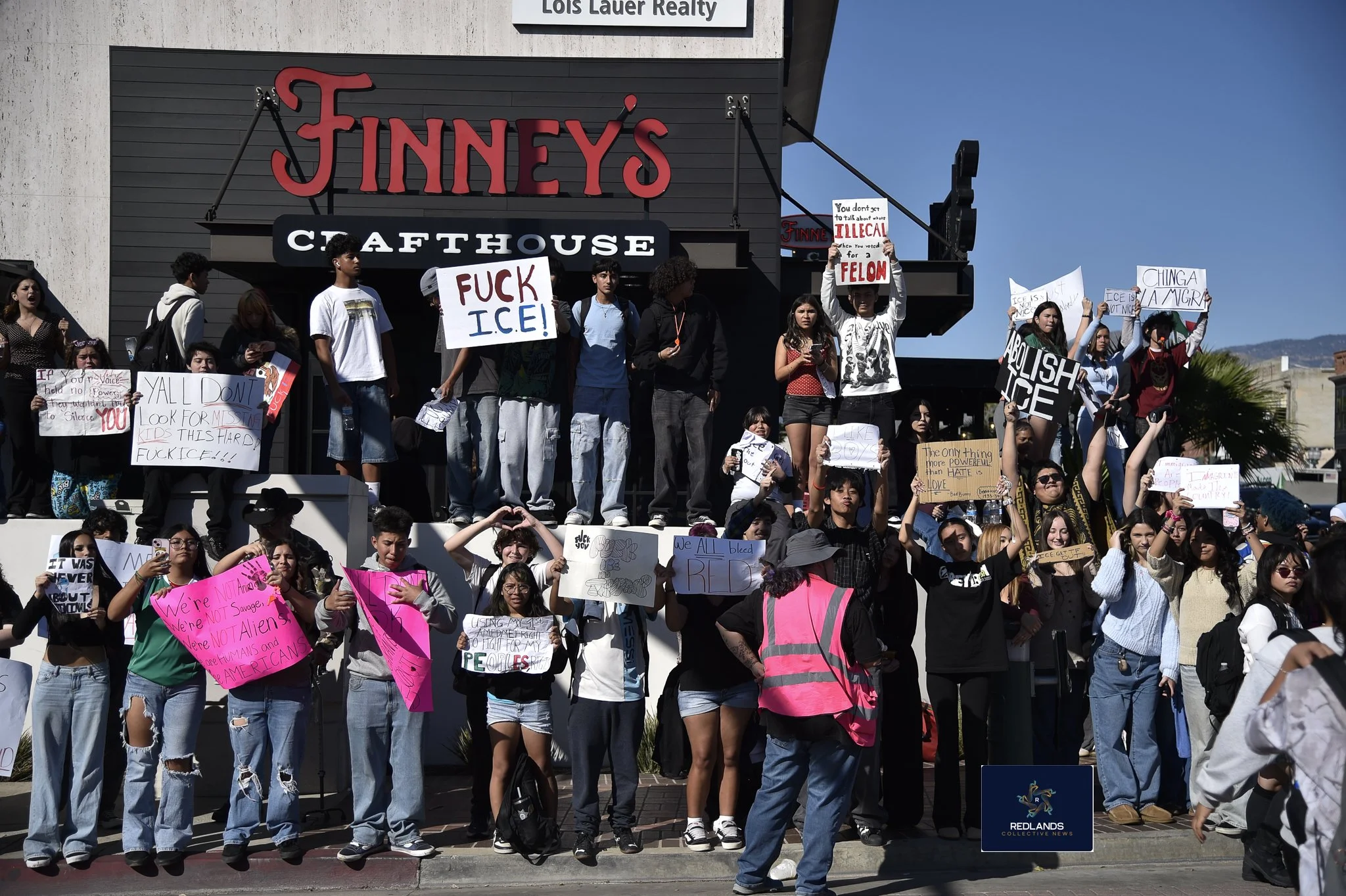  students protest against ICE Feb. 13, 202,6 in downtown Redlands (Photo by Brian Spears, Redlands News Collective)  