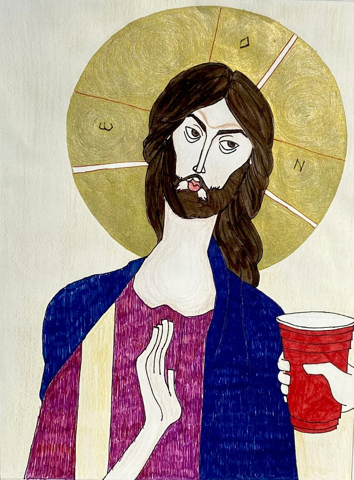  Title:  WWJD? 
 Media:  Colored pencil and pen 
 Notes:  Illustration assignment.