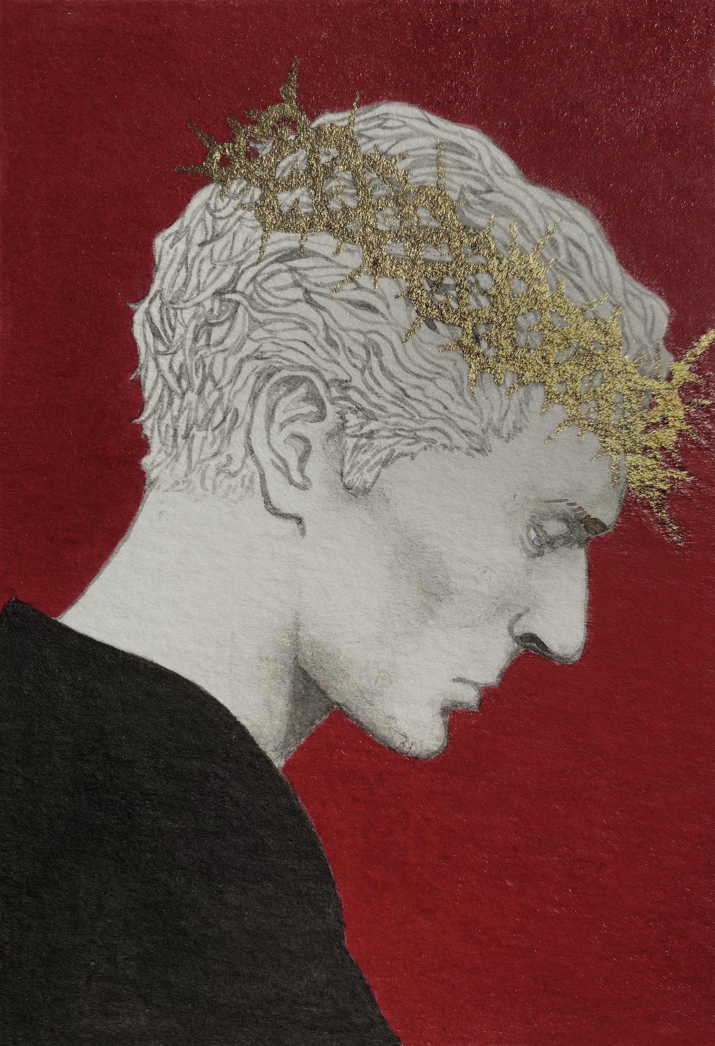  Title:  The Martyr 
 Media:  Ink, gold pigment 
 Notes:  Personal piece. Spike from  Buffy the Vampire Slayer .