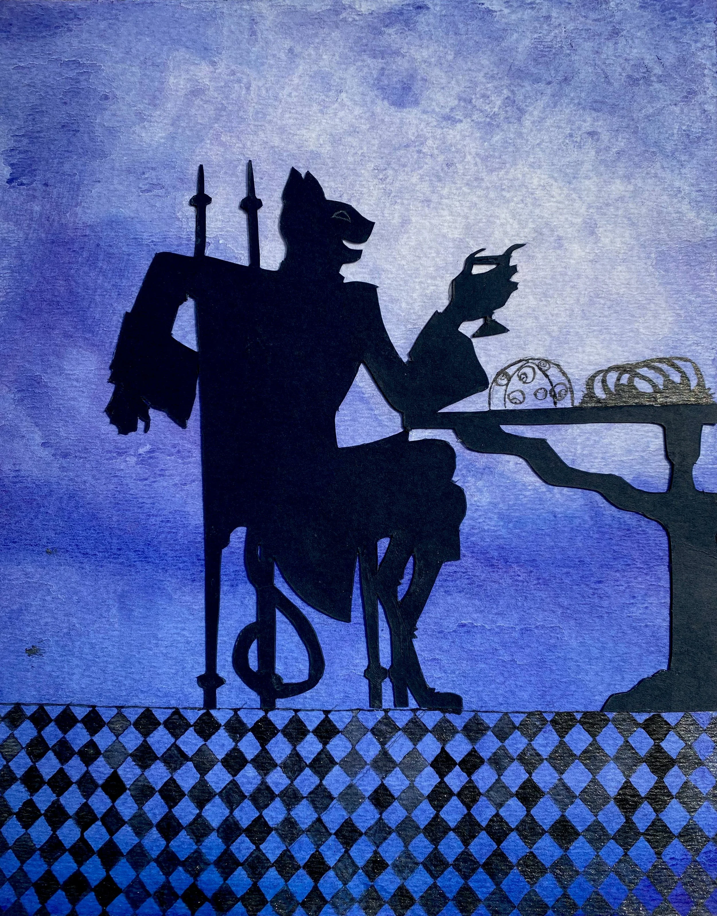  Title:  Puss in Boots 2 
 Media:  Ink and paper collage 
 Notes:  Illustration of the story  Puss in Boots  for an assignment.