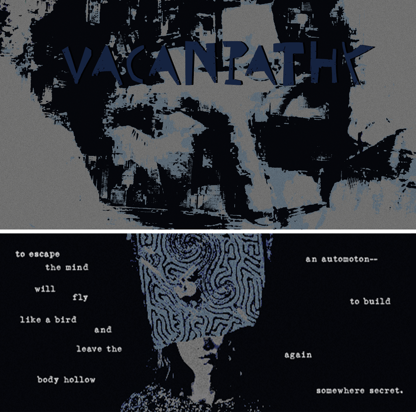  Title:  Vacanpathy  
 Media:  Photoshop + Creative writing 
 Notes:  Diptych based on an original character. The word “vacanpathy” is a combination of “vacant” and “telepathy”. The premise of the character is she uses her considerable telepathy to l