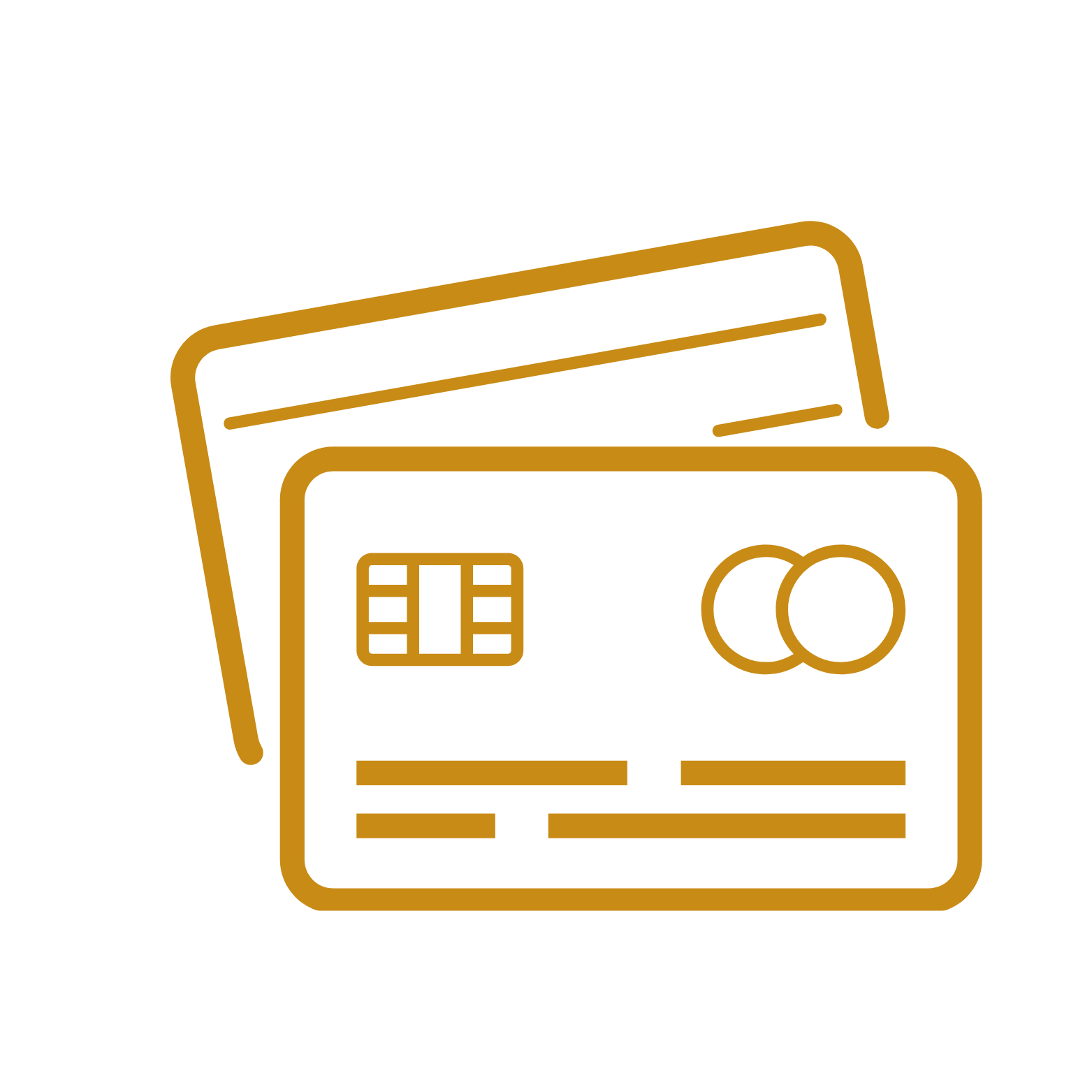 Line drawing of a credit card and a bank card on a black background.