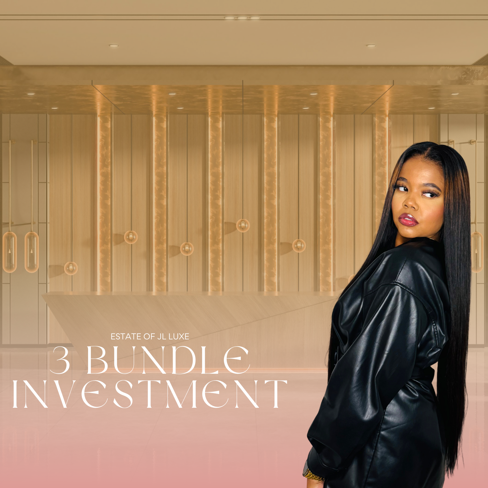 Young woman with long black hair wearing a black leather jacket standing in a modern, illuminated building lobby with wooden paneling and hanging pendant lights, with overlay text '3 Bundle Investment'.