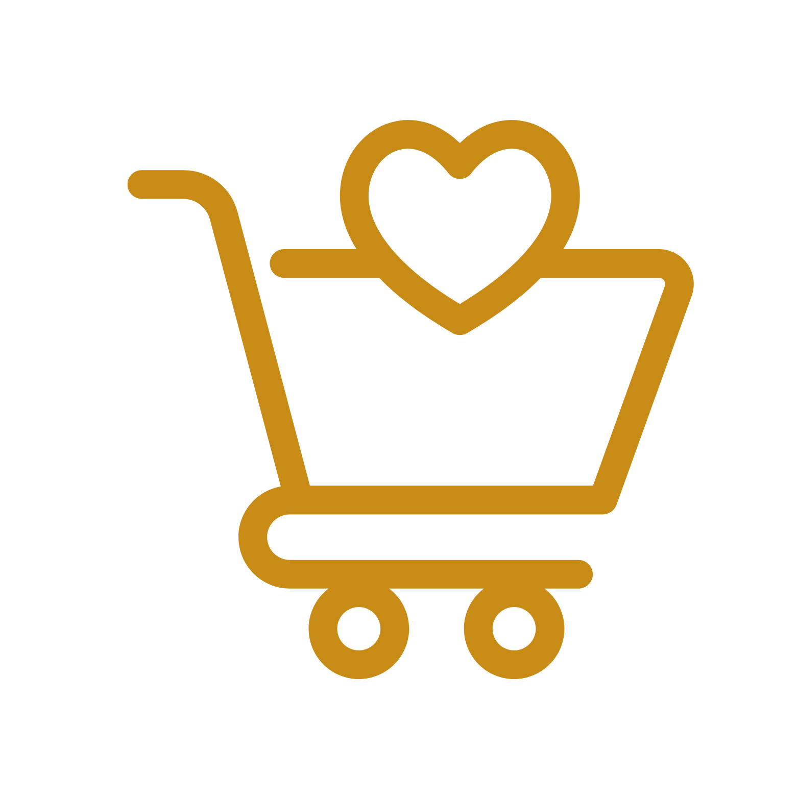 Gold outline of a shopping cart with a heart inside it, representing love or care in shopping.