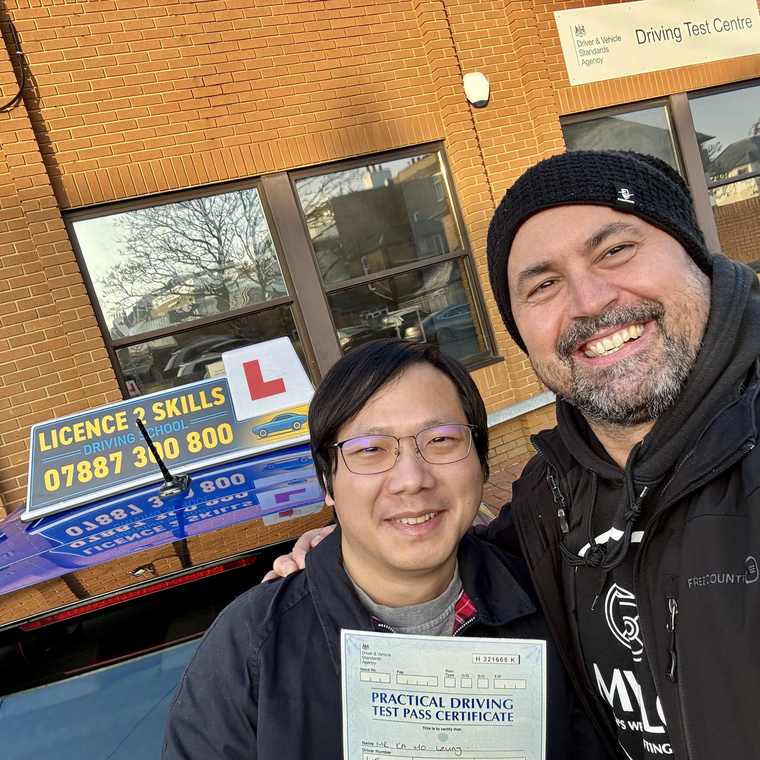 Ho passed his driving test in Tolworth Test Centre