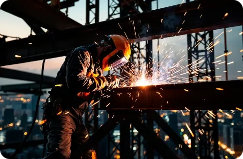 Worker welding steel beams on a construction site at sunset with sparks flying.
