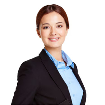 A smiling woman in a business suit and blue shirt posing against a white background.